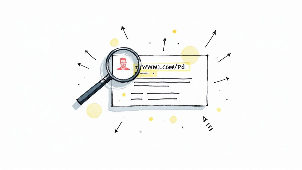 A magnifying glass hovering over a professional's LinkedIn profile, symbolizing SEO and discoverability.