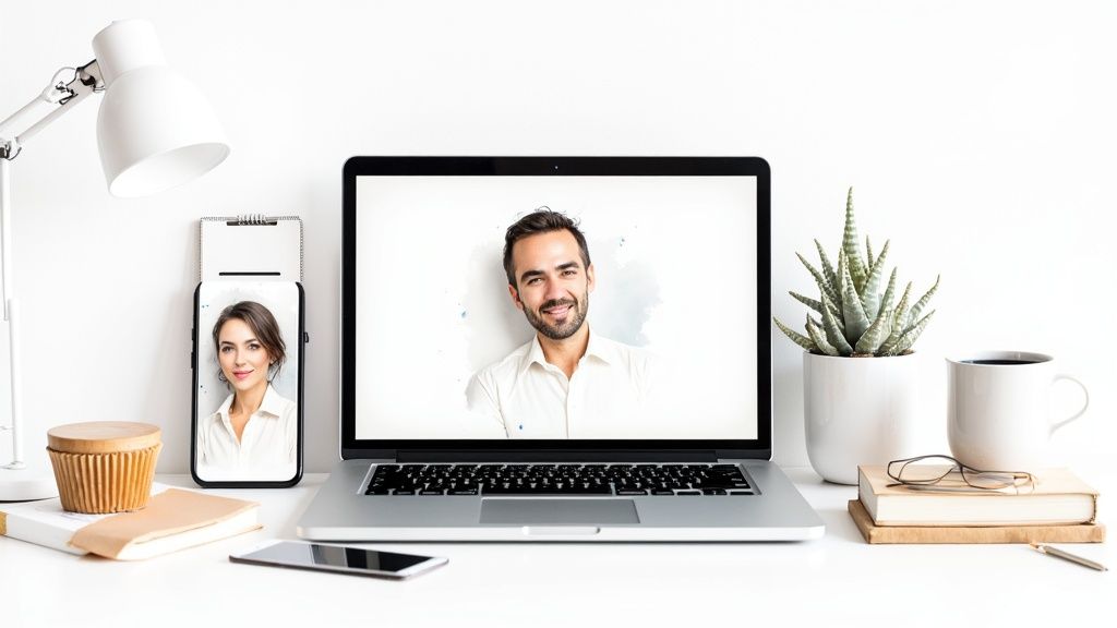 A grid of diverse, professionally generated headshots on a laptop screen, showing options for a new profile picture.