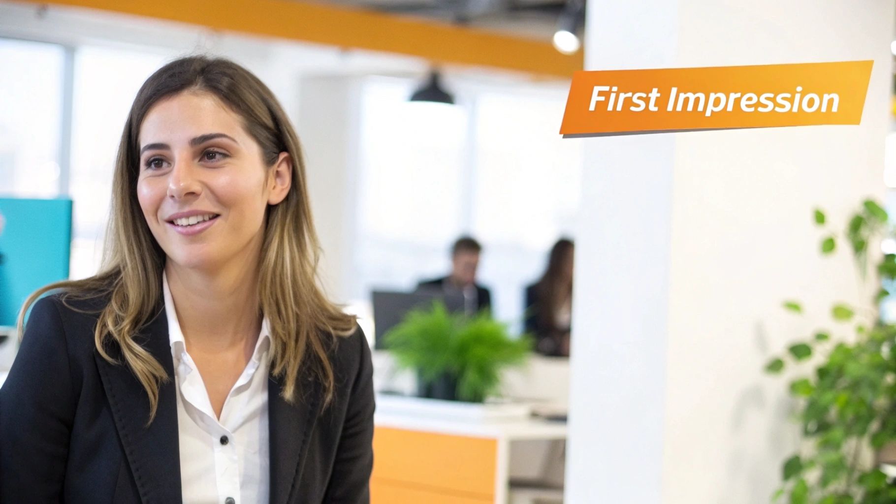 A professional woman with a confident expression in a business headshot, standing in an office environment.