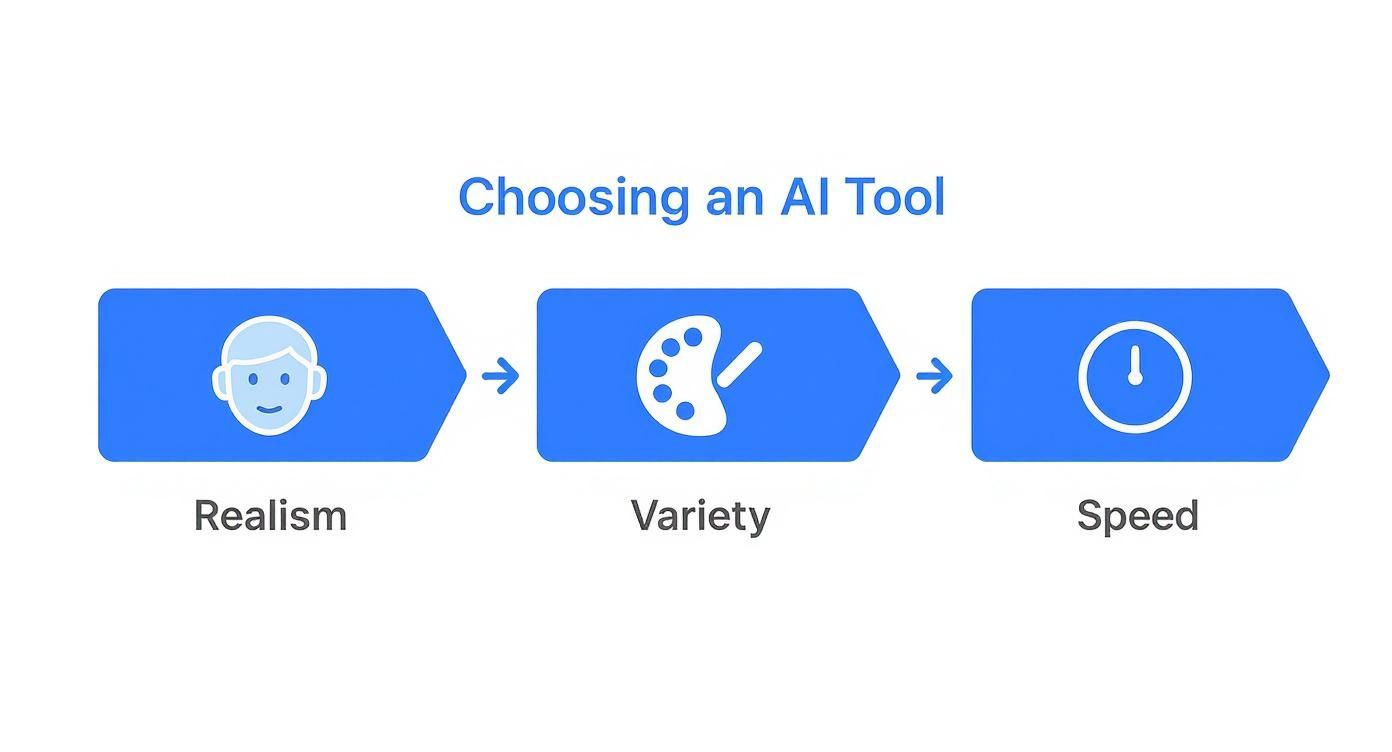 Infographic about best ai headshot generator showing a process flow with icons for Realism, Variety, and Speed.