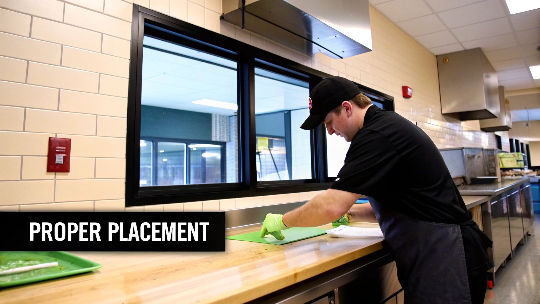 A man in a black uniform and green gloves preparing food on a cutting board in a commercial kitchen.