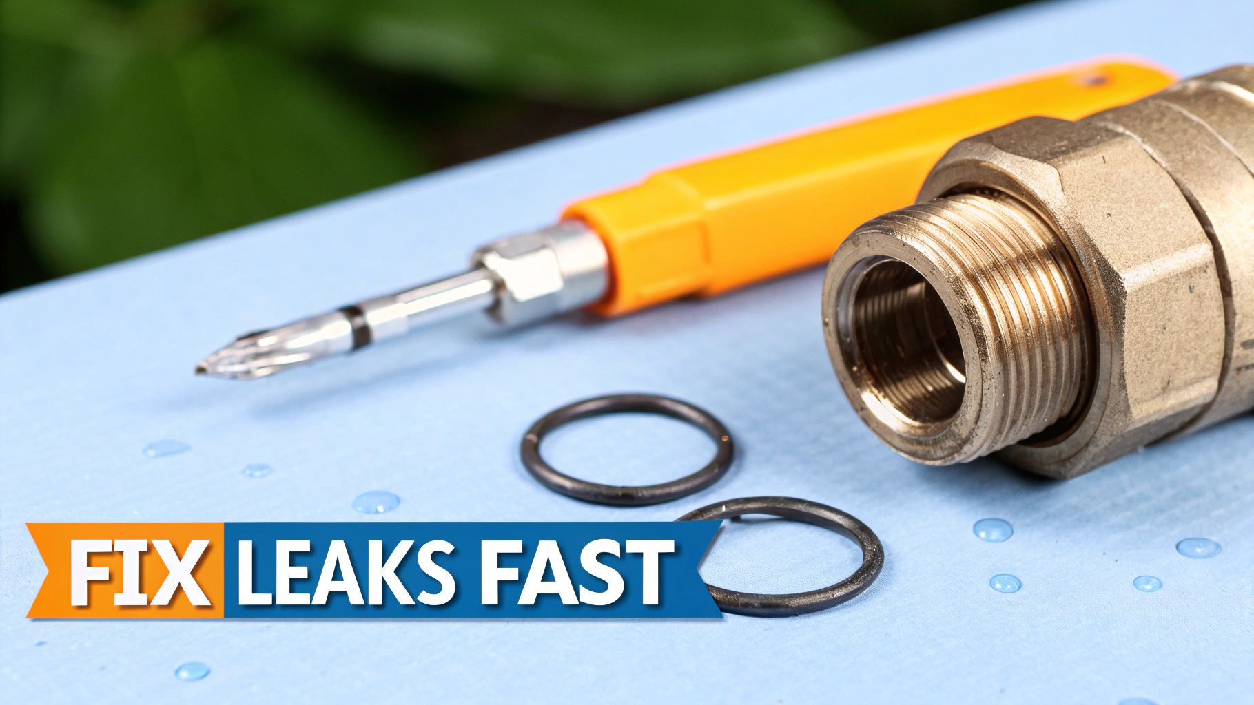 Close-up of plumbing tools, including a brass fitting, screwdriver, and O-rings, to fix leaks.
