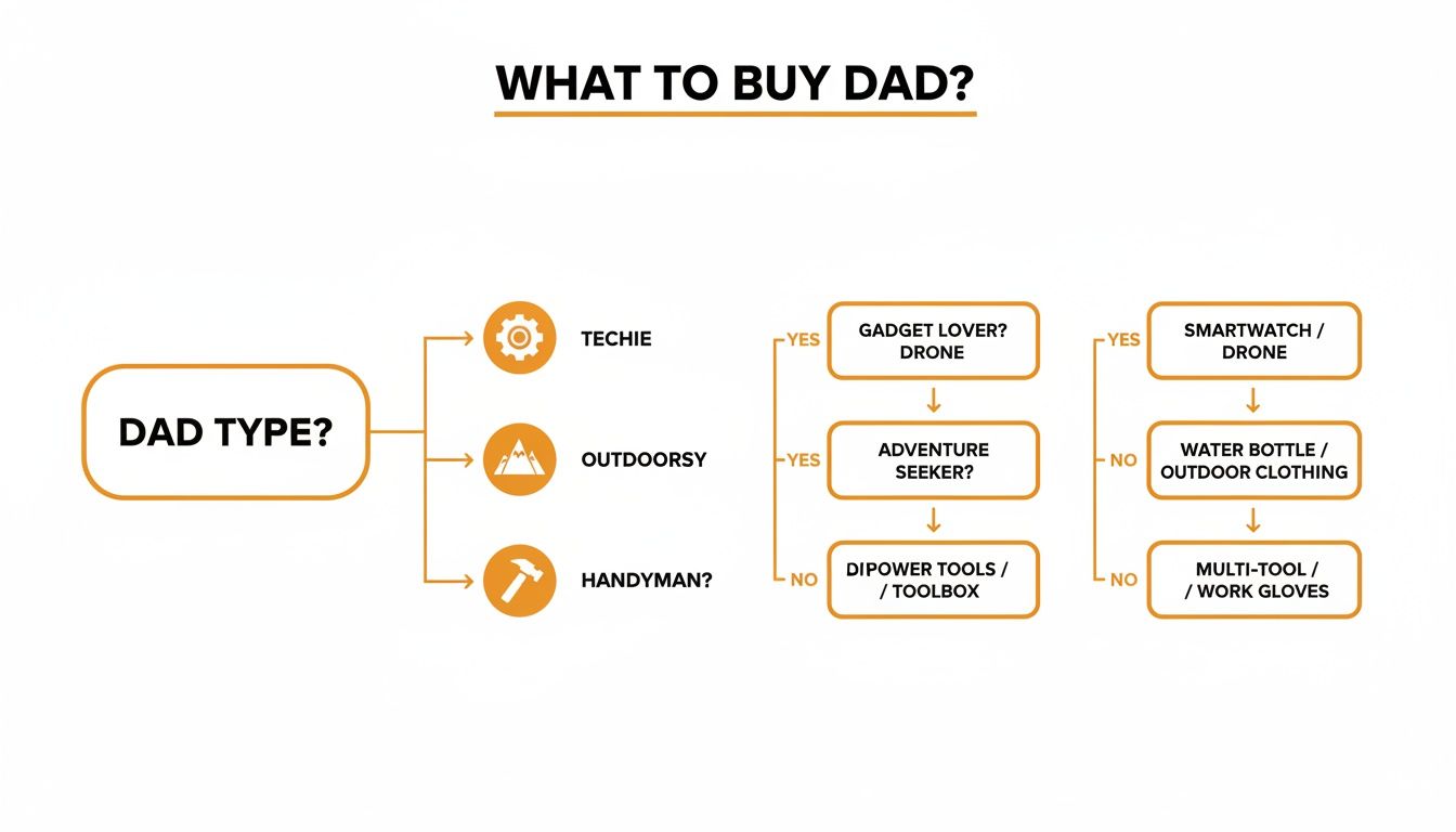 A flowchart titled 'What to Buy Dad?' suggesting gift ideas based on dad's hobbies.