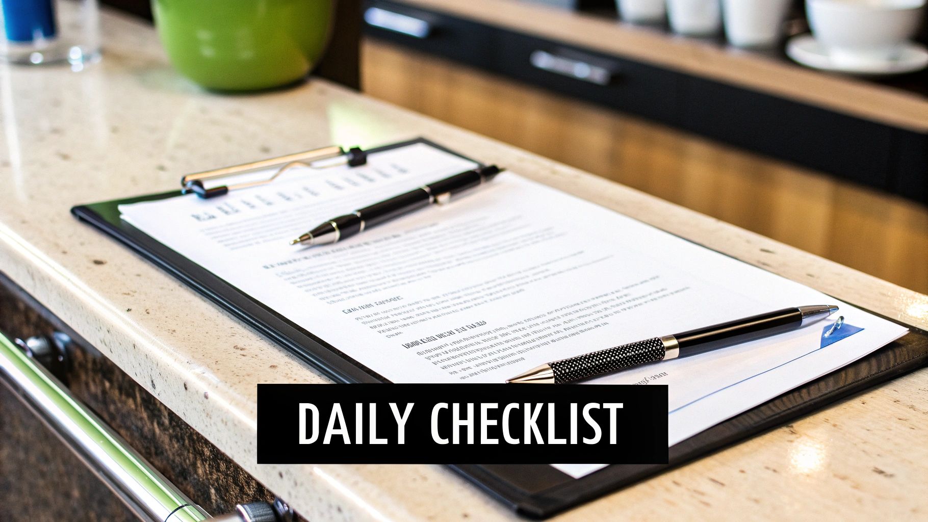 A clipboard with papers and two pens resting on a clean kitchen or office counter.