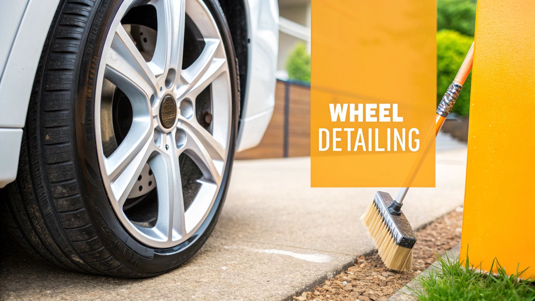 Close-up of a detailing brush cleaning a dirty car wheel, with foam and grime being scrubbed away.