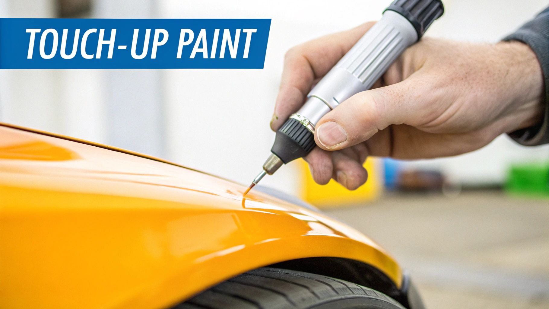 Professional applying touch-up paint pen to yellow car scratch repair automotive detailing