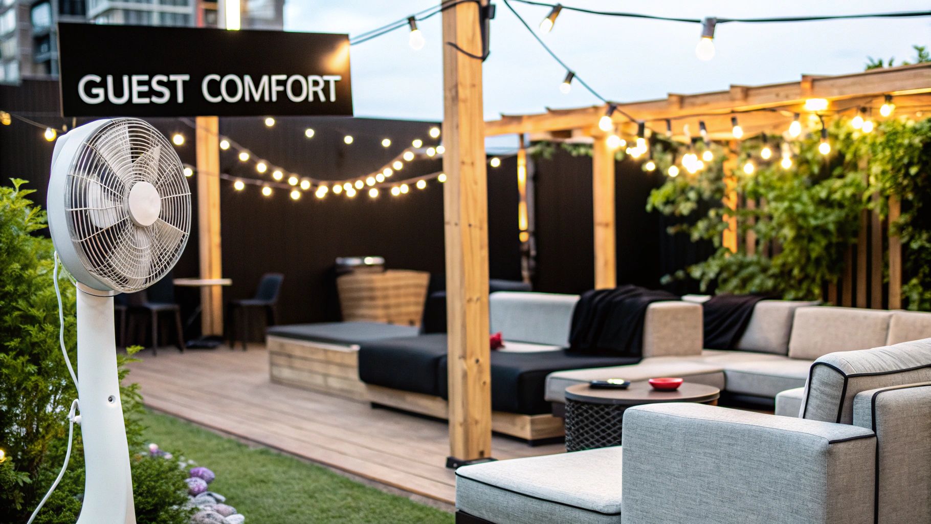 Modern and comfortable outdoor seating arranged for a backyard BBQ, with string lights overhead.