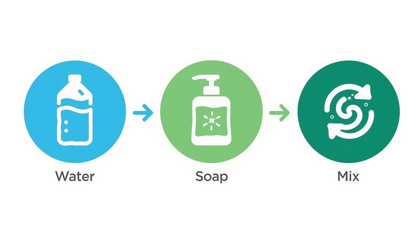 Infographic showing a three-step process: a water bottle icon labeled Water, a soap dispenser icon labeled Soap, and a swirl arrow icon labeled Mix.