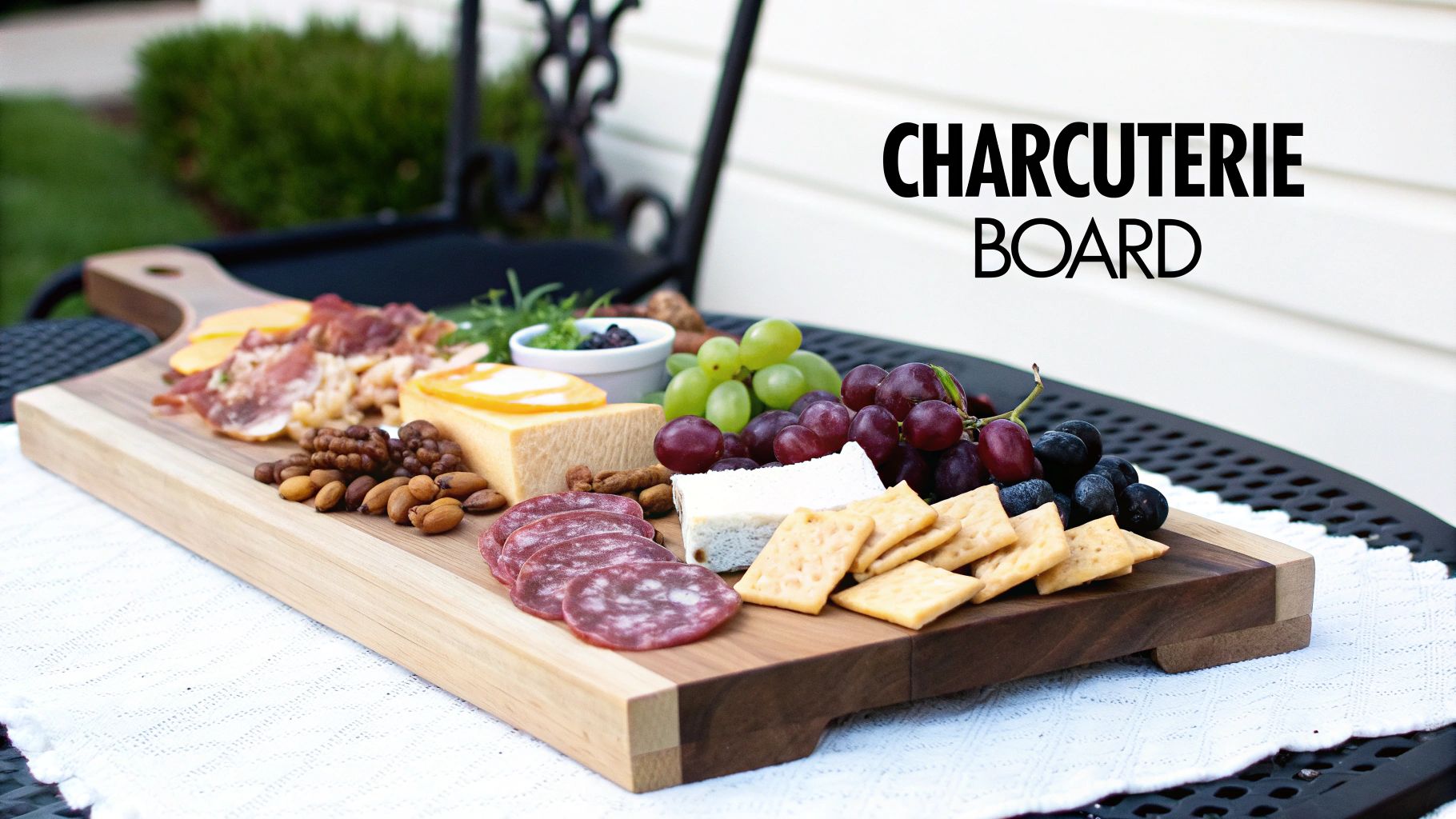 A rustic charcuterie board overflowing with cheeses, cured meats, grapes, nuts, and crackers.