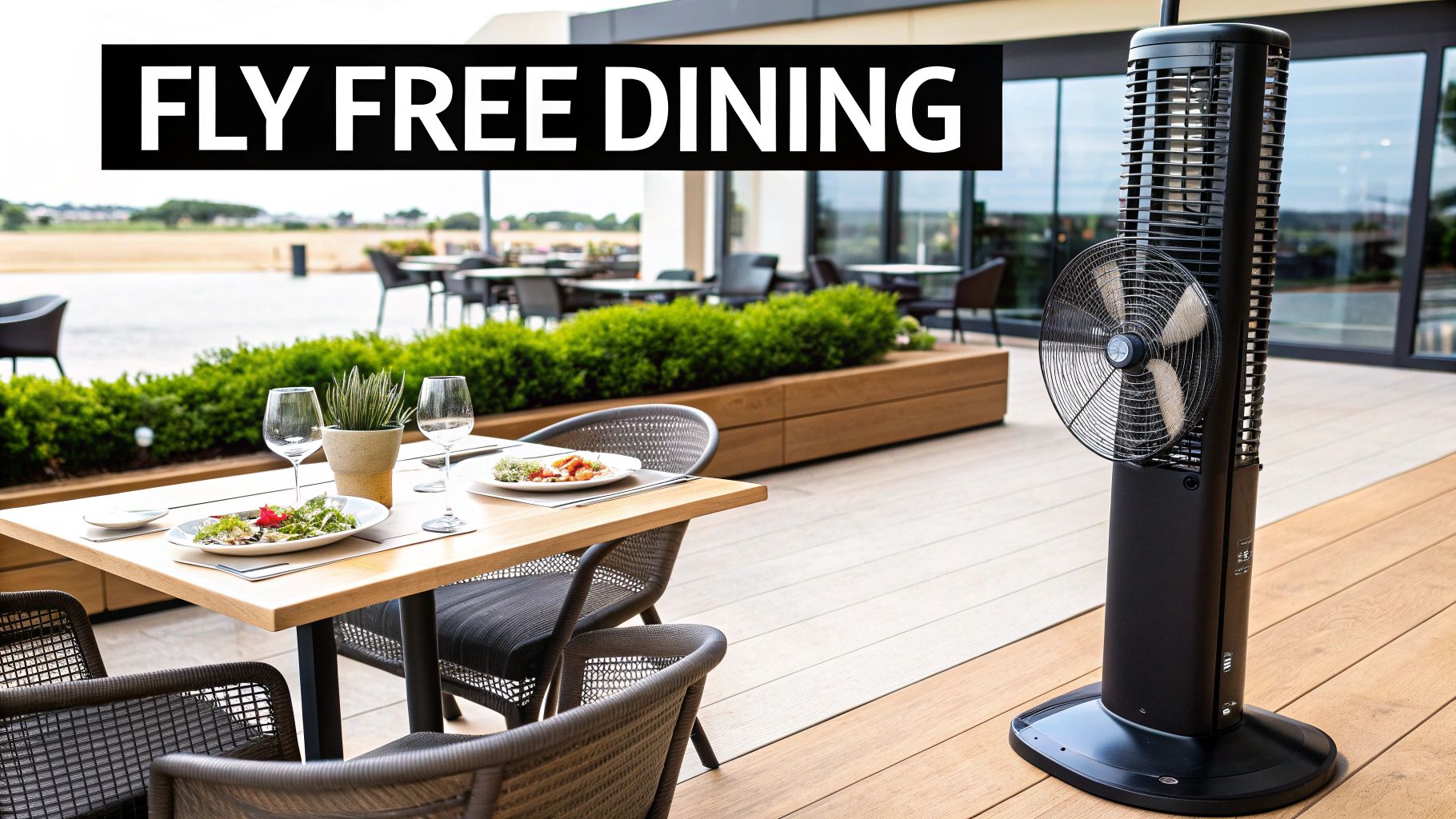 Outdoor dining setup with prepared meals, wine glasses, and a tall black patio fan.