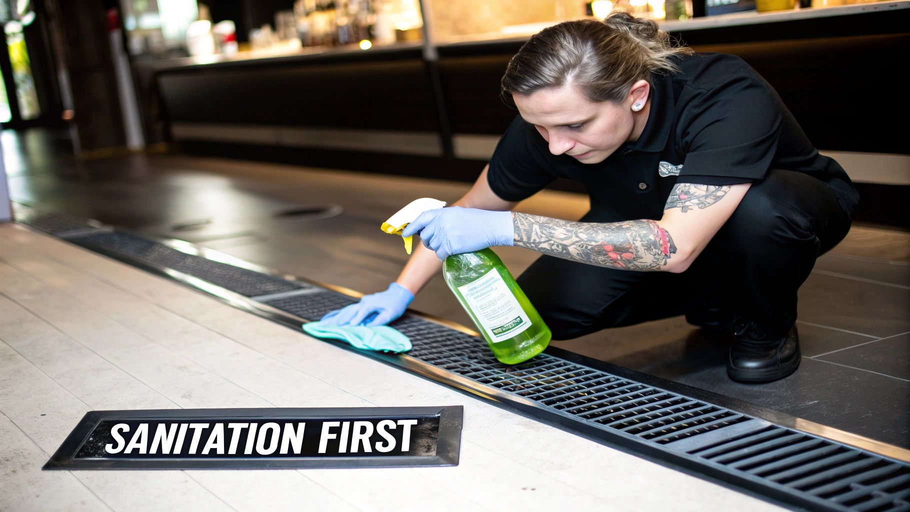 A person in blue gloves cleans a floor drain grate with a spray bottle and cloth, near a "SANITATION FIRST" sign.