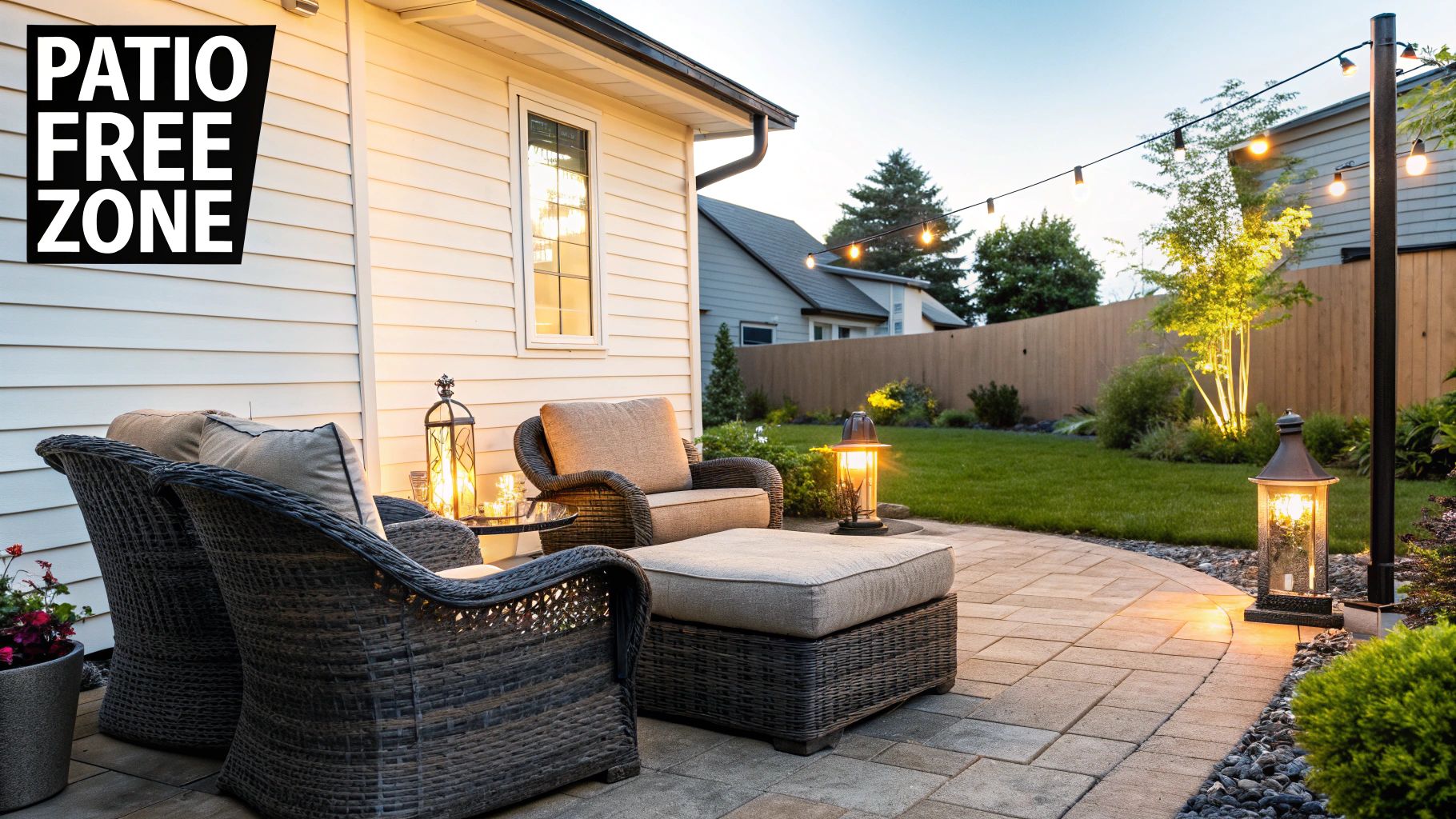 A person relaxing on a comfortable patio with an outdoor fan running nearby, creating a breezy, mosquito-free environment.