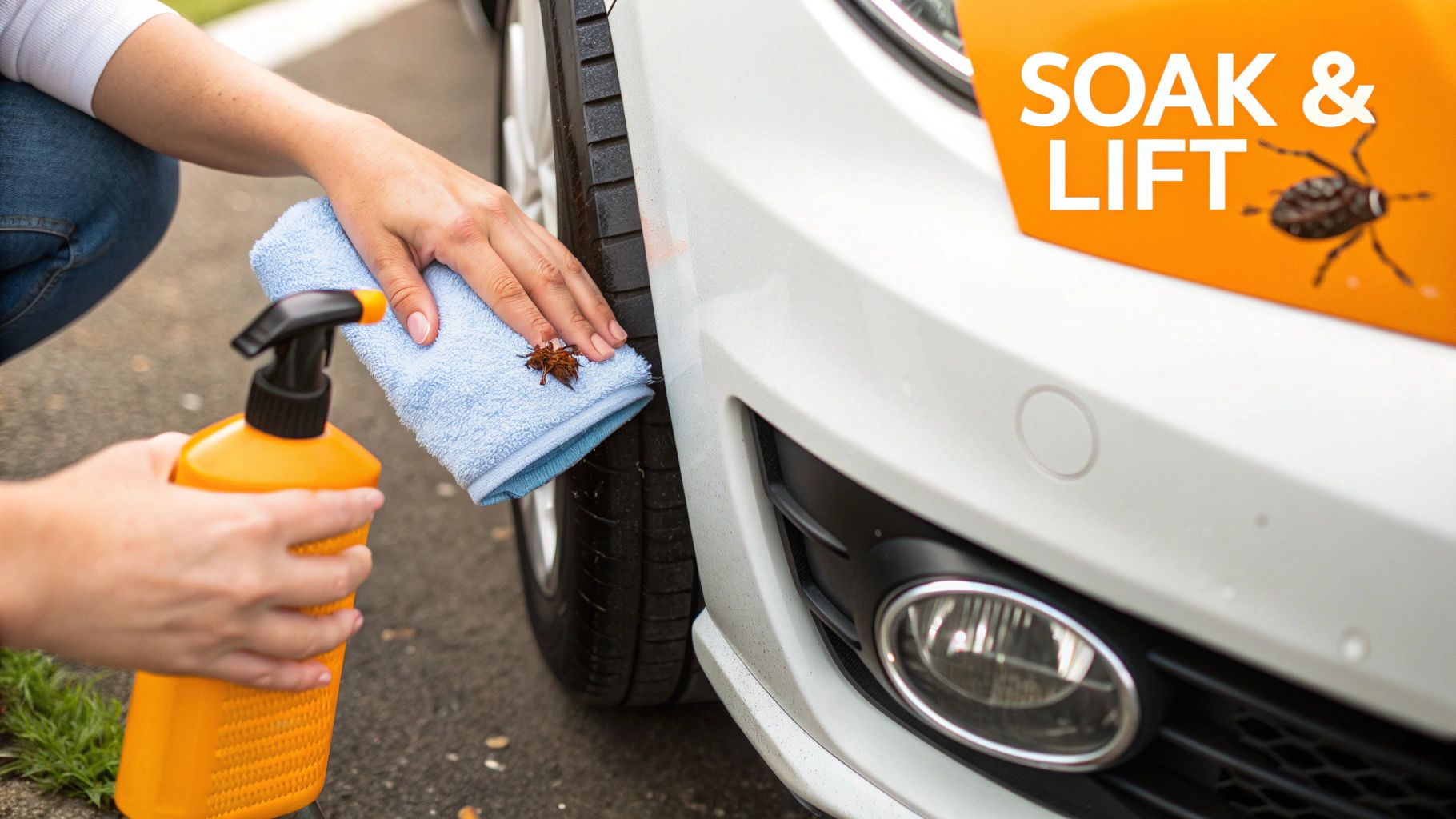 Person cleaning a dead insect off a white car bumper with a spray and blue microfiber towel, promoting 'SOAK & LIFT'.