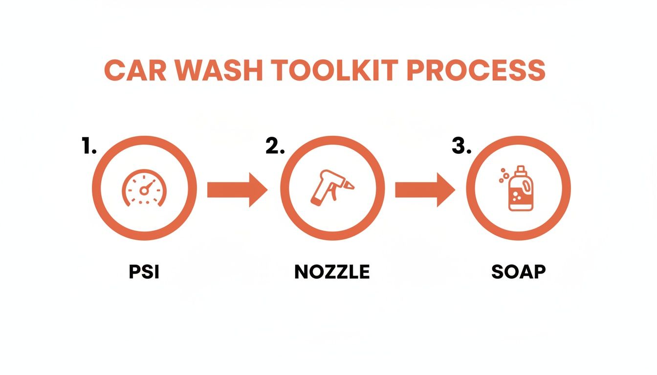 Infographic showing a car wash toolkit process with steps for PSI, nozzle, and soap.