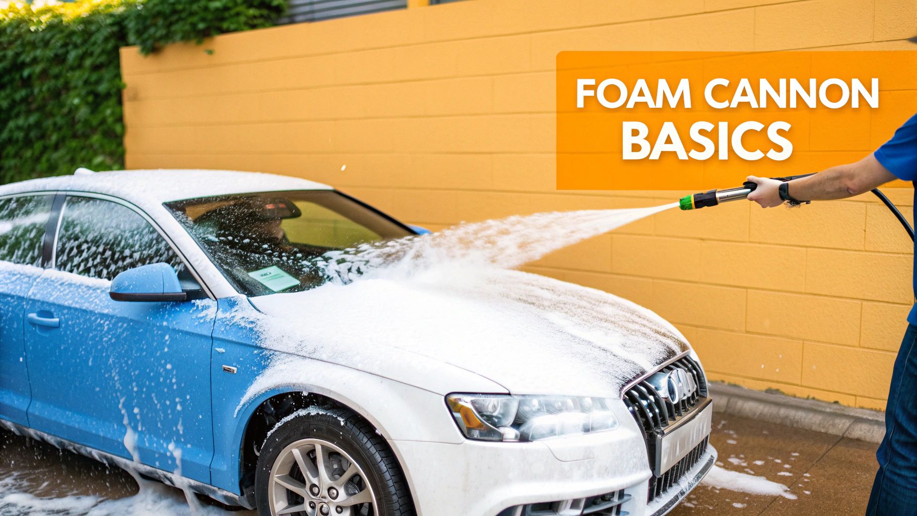 A car being covered in thick white foam from a foam cannon