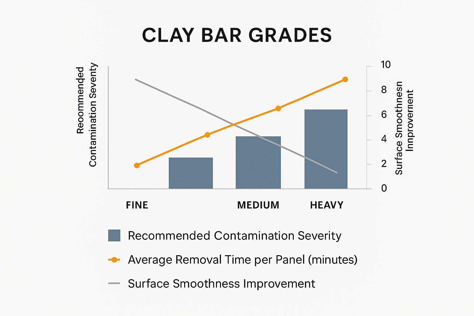 Infographic comparing fine, medium, and heavy clay bar grades for overspray removal, showing contamination severity, removal time, and smoothness improvement.