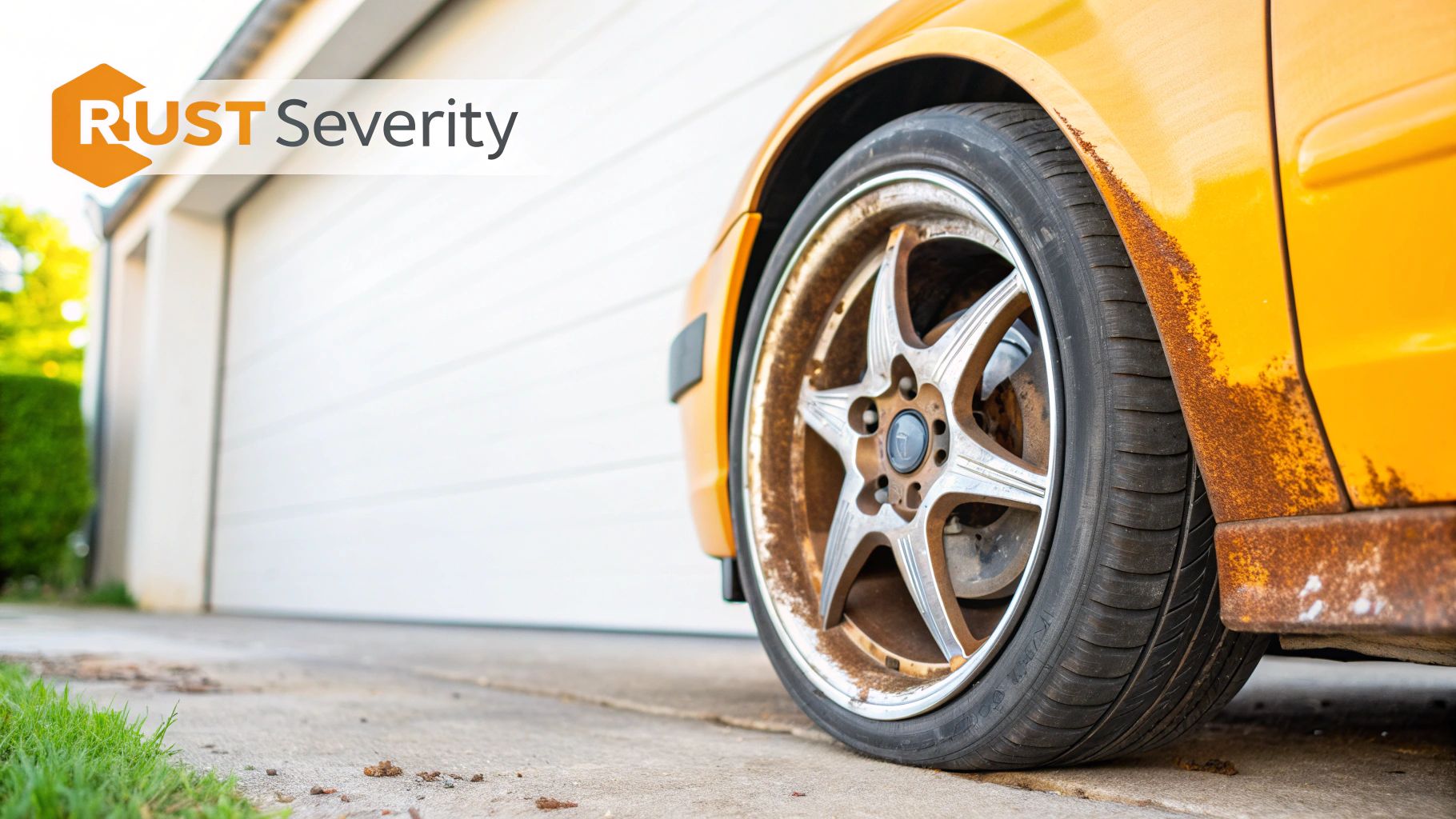 A person wearing black gloves holding a small brush to clean rust from a car wheel.