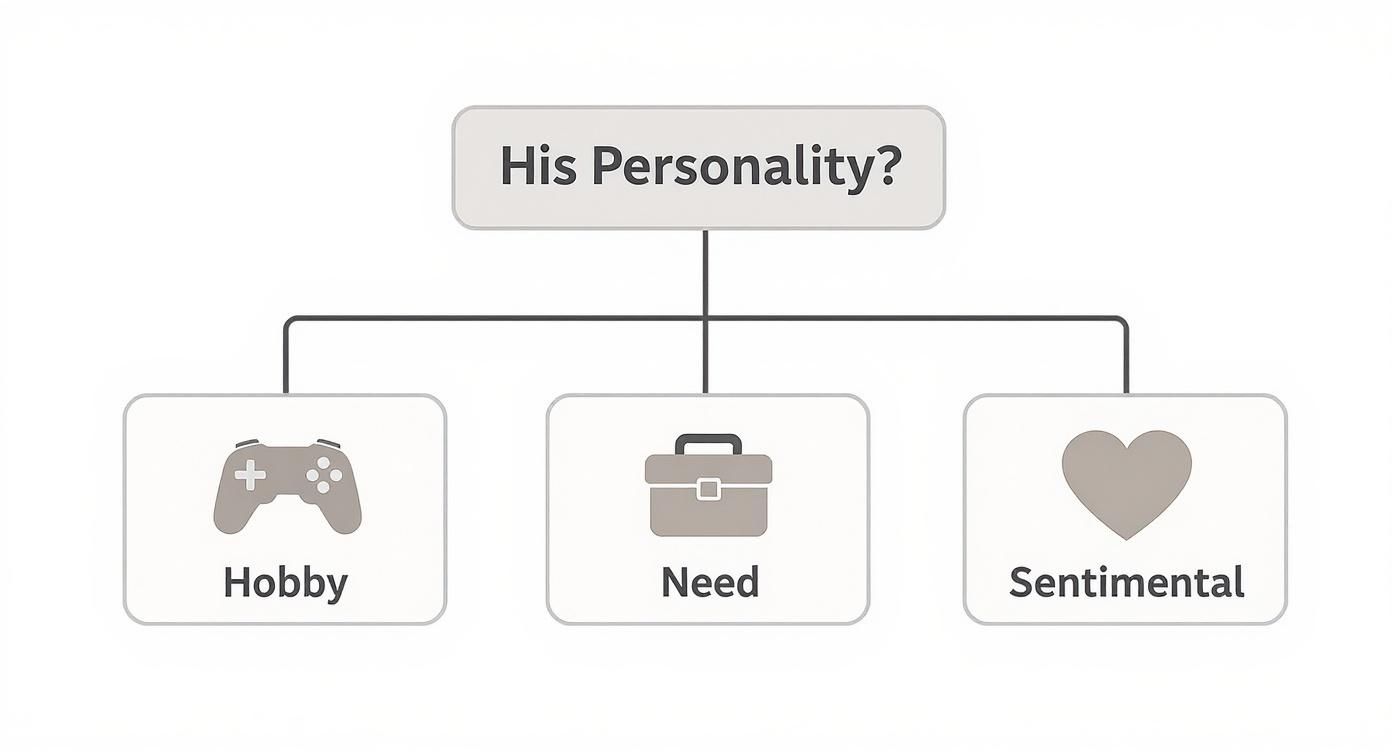 A diagram outlining 'His Personality?' through hobbies, needs, and sentimental preferences, with icons.