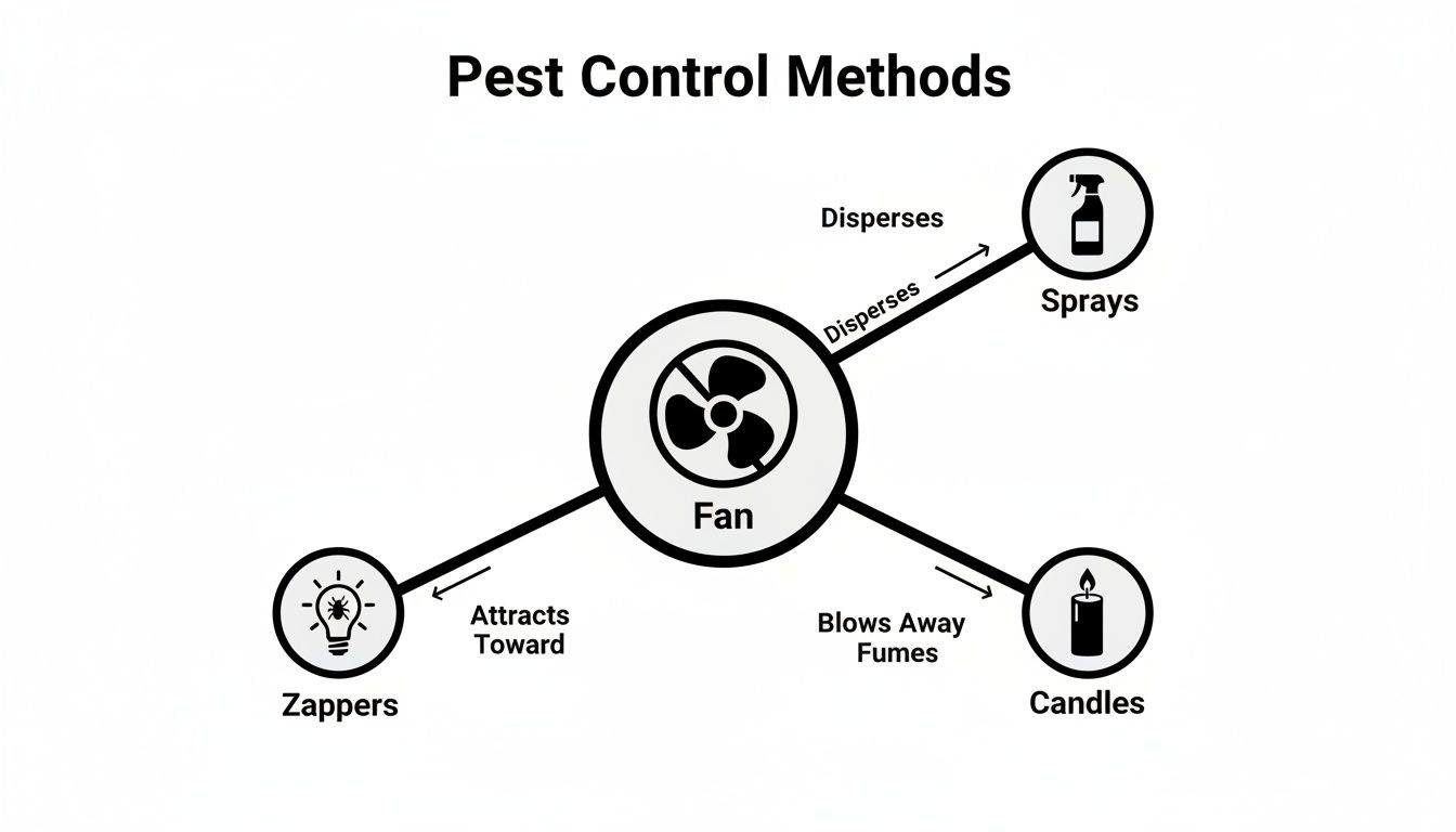 Diagram showing 'Pest Control Methods' with a central fan connecting to sprays, zappers, and candles.