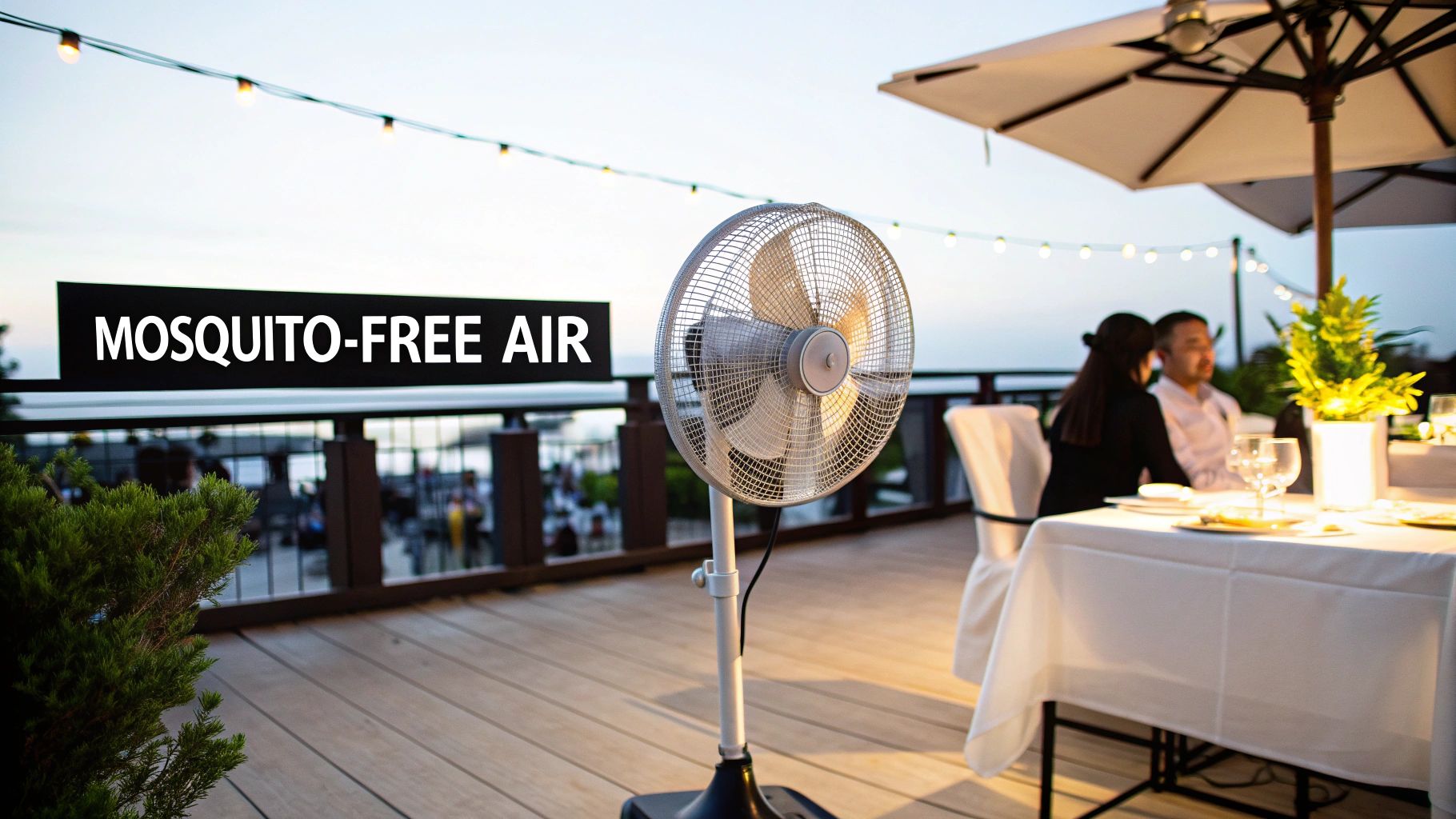 A pedestal fan on a wooden deck with an outdoor dining setting and 'MOSQUITO-FREE AIR' banner.