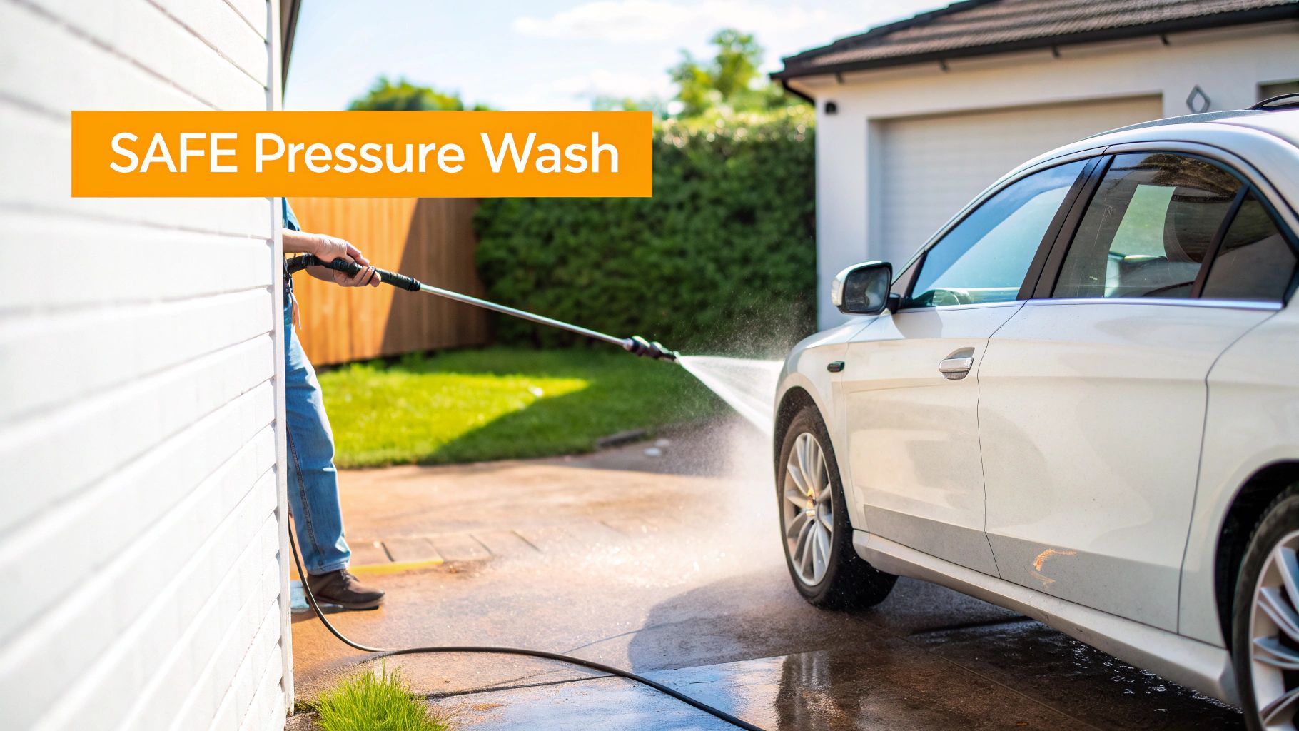 A person safely pressure washing the side of a white car with thick foam.