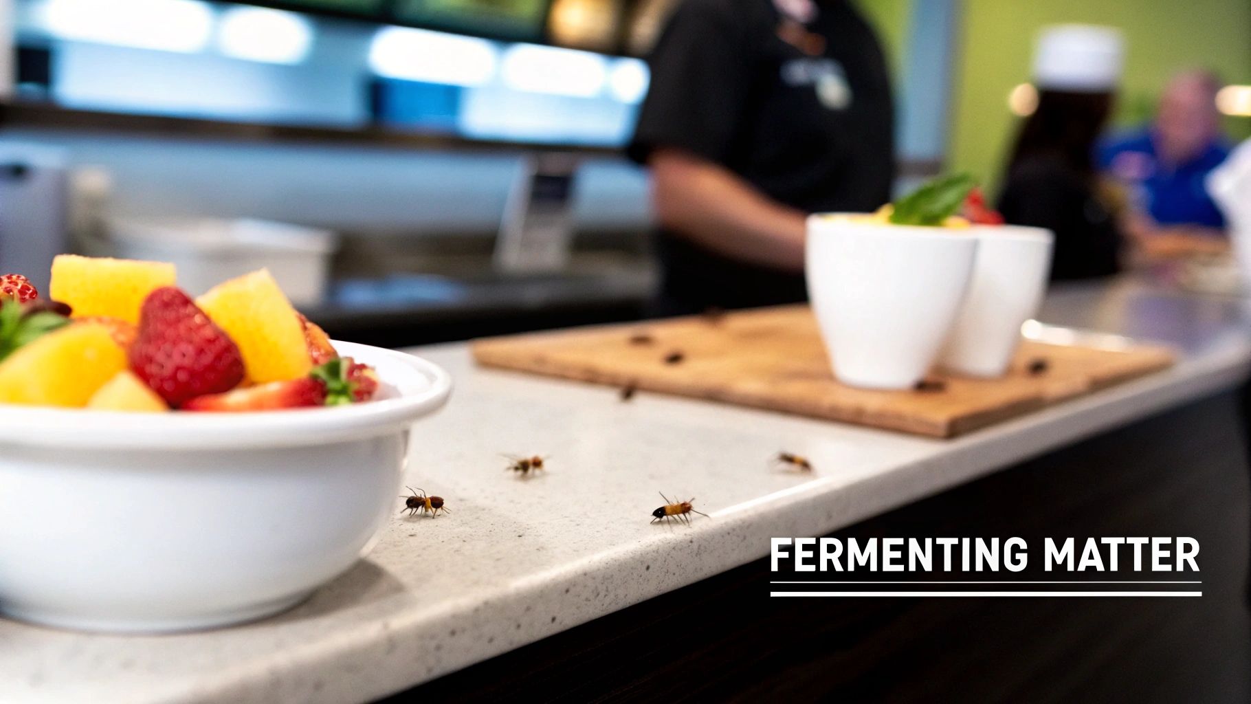 Fruit flies crawling around a bowl of fresh fruit on a counter in a food service area.