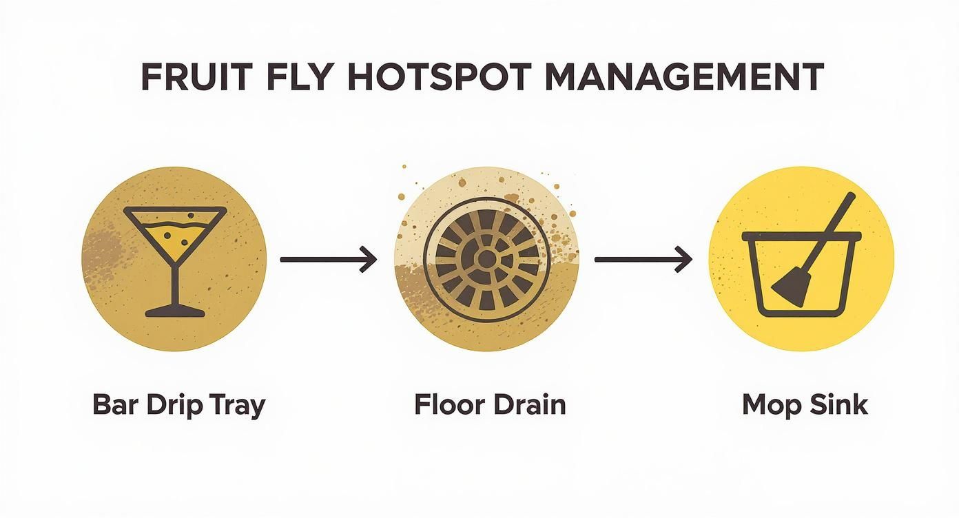 An infographic showing fruit fly hotspot management methods including bar drip trays, floor drains, and mop sinks.