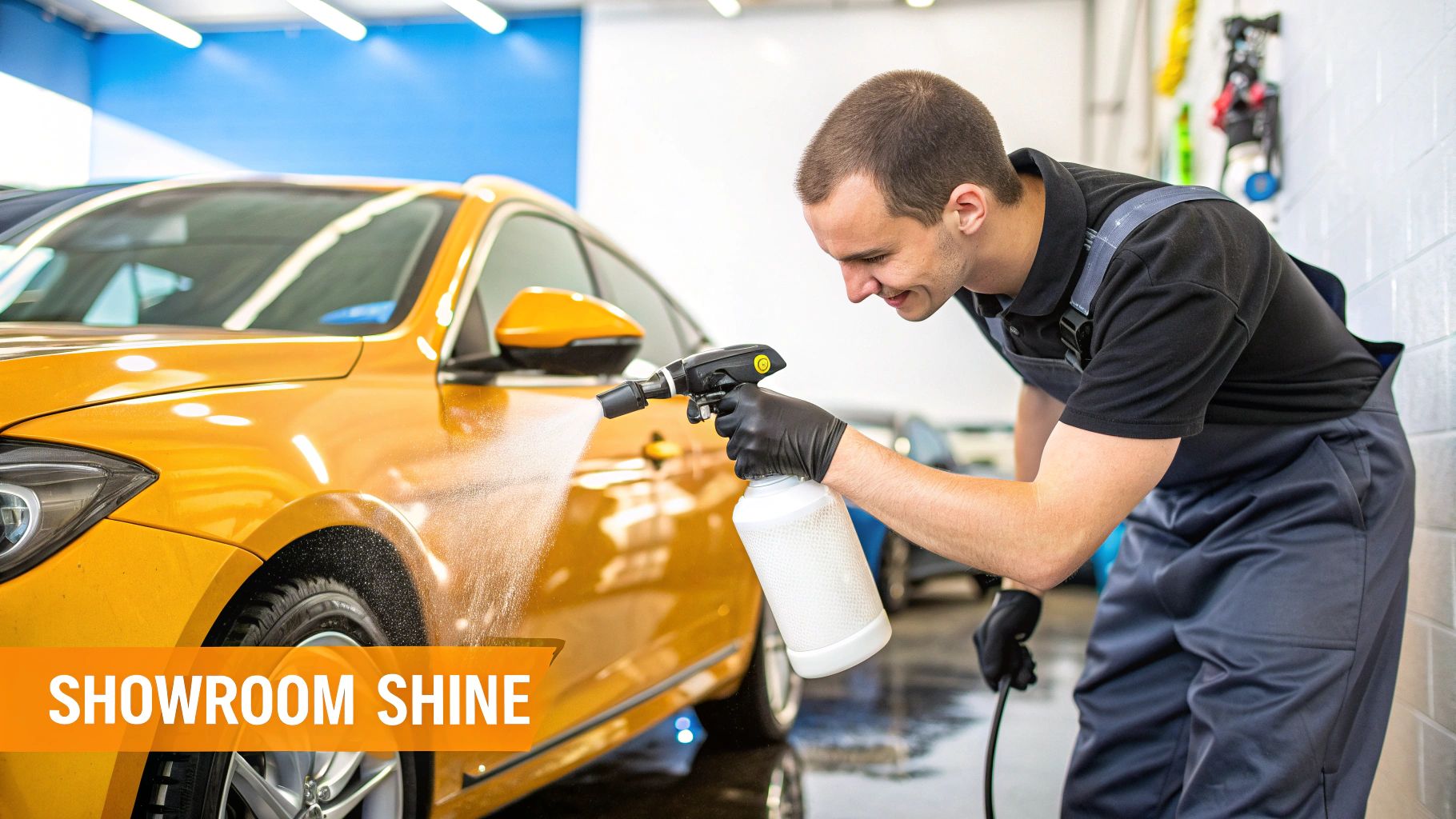 A person using a foam cannon from a professional car wash kit to cover a black car in thick white suds.