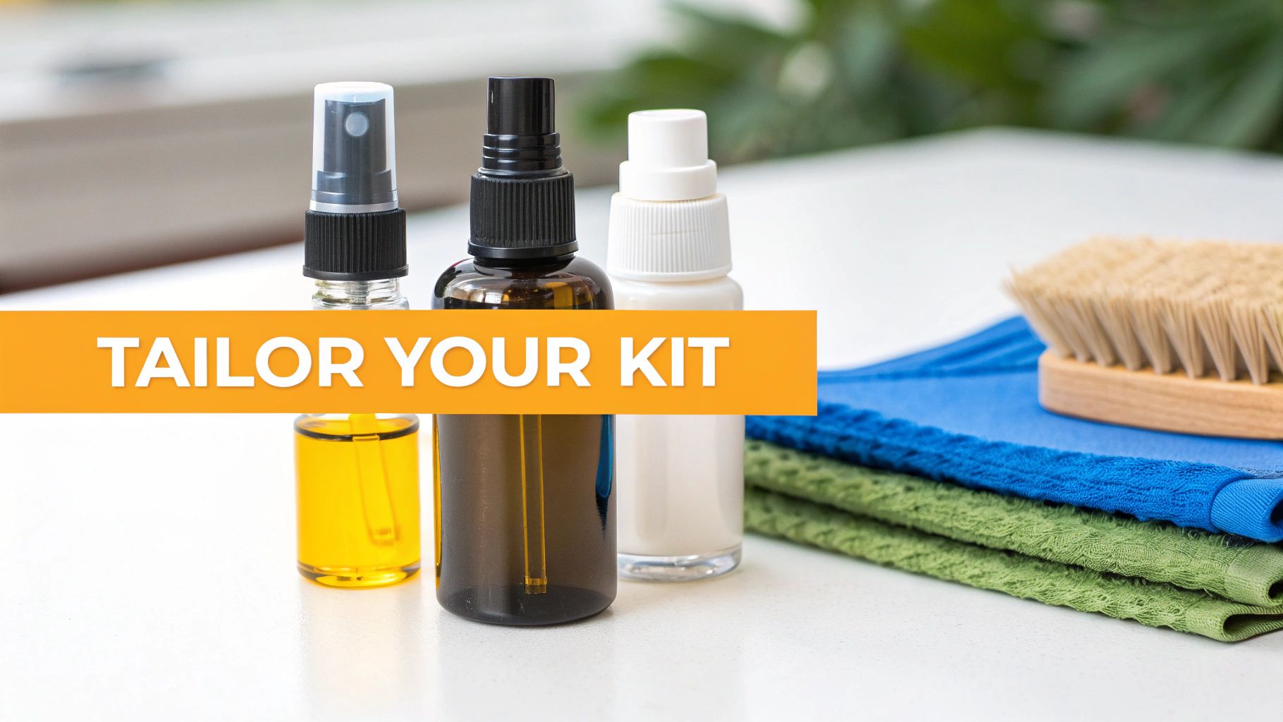 A car care kit featuring spray bottles, cleaning towels, and a detailing brush.