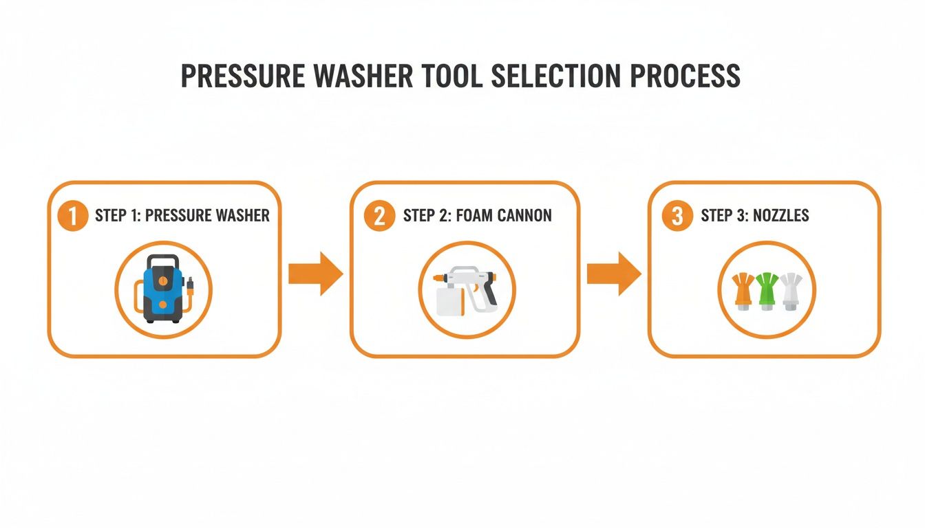 Infographic illustrating the three-step pressure washer tool selection process: pressure washer, foam cannon, and nozzles.