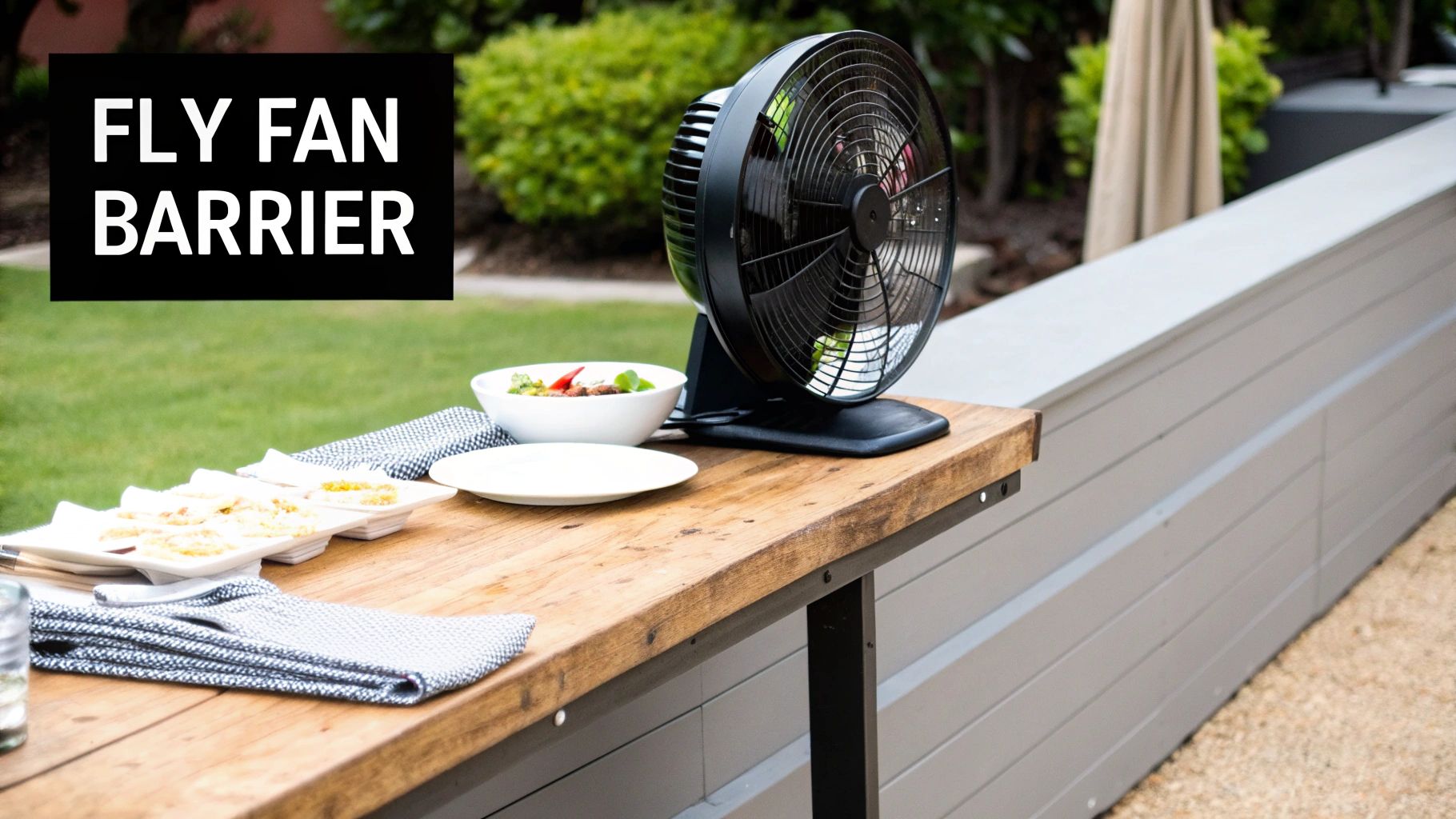A black electric fan on a wooden table outdoors with food and napkins, used as a fly barrier.