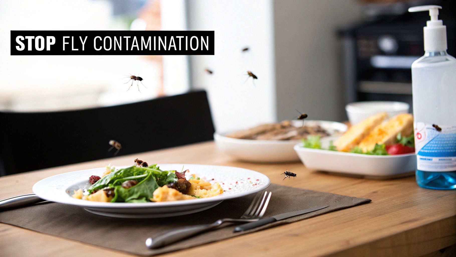 Flies swarm over food dishes on a dining table, illustrating contamination with "STOP FLY CONTAMINATION" text.