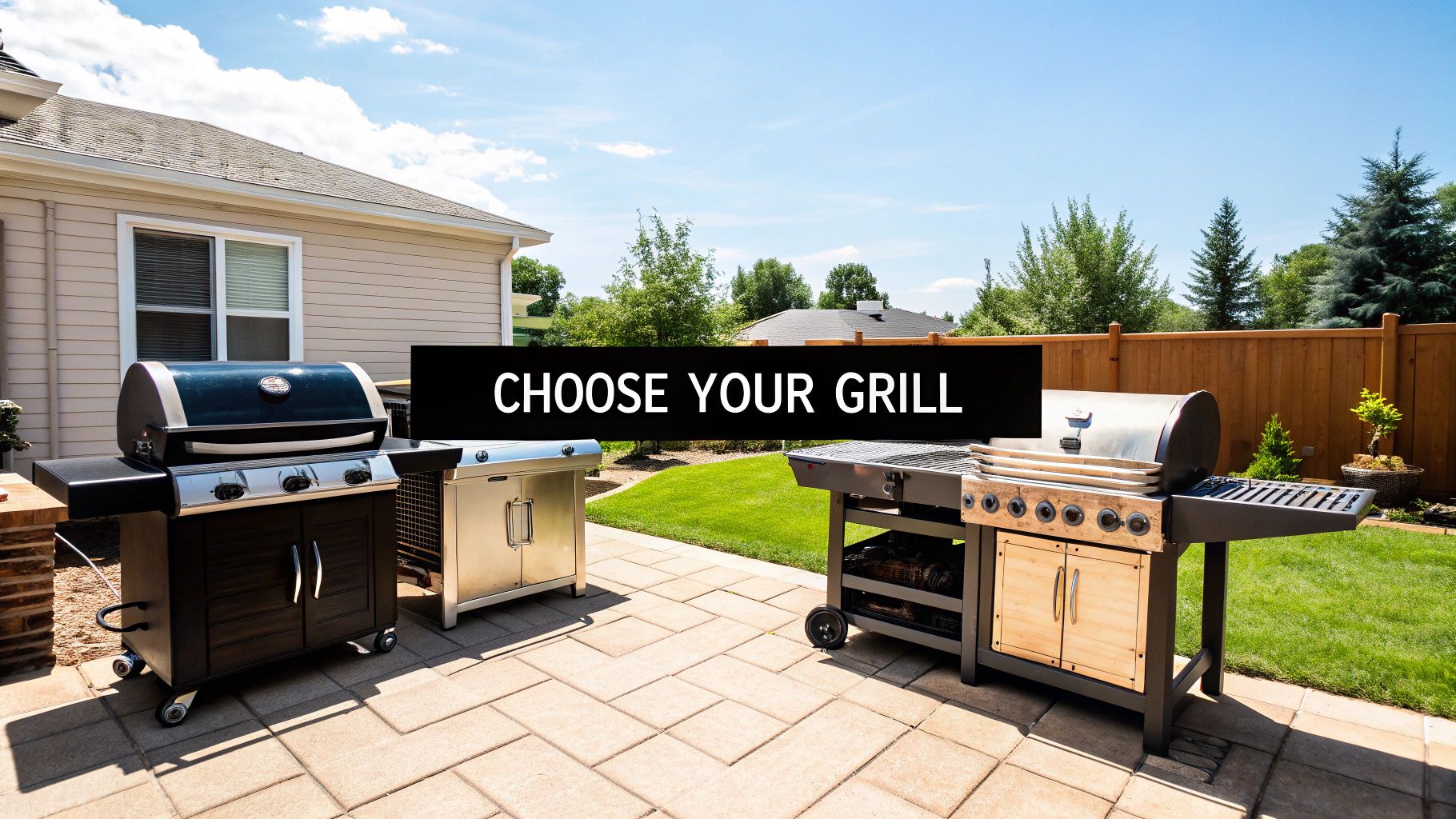 A modern stainless steel grill on a wooden patio deck, ready for a backyard BBQ.