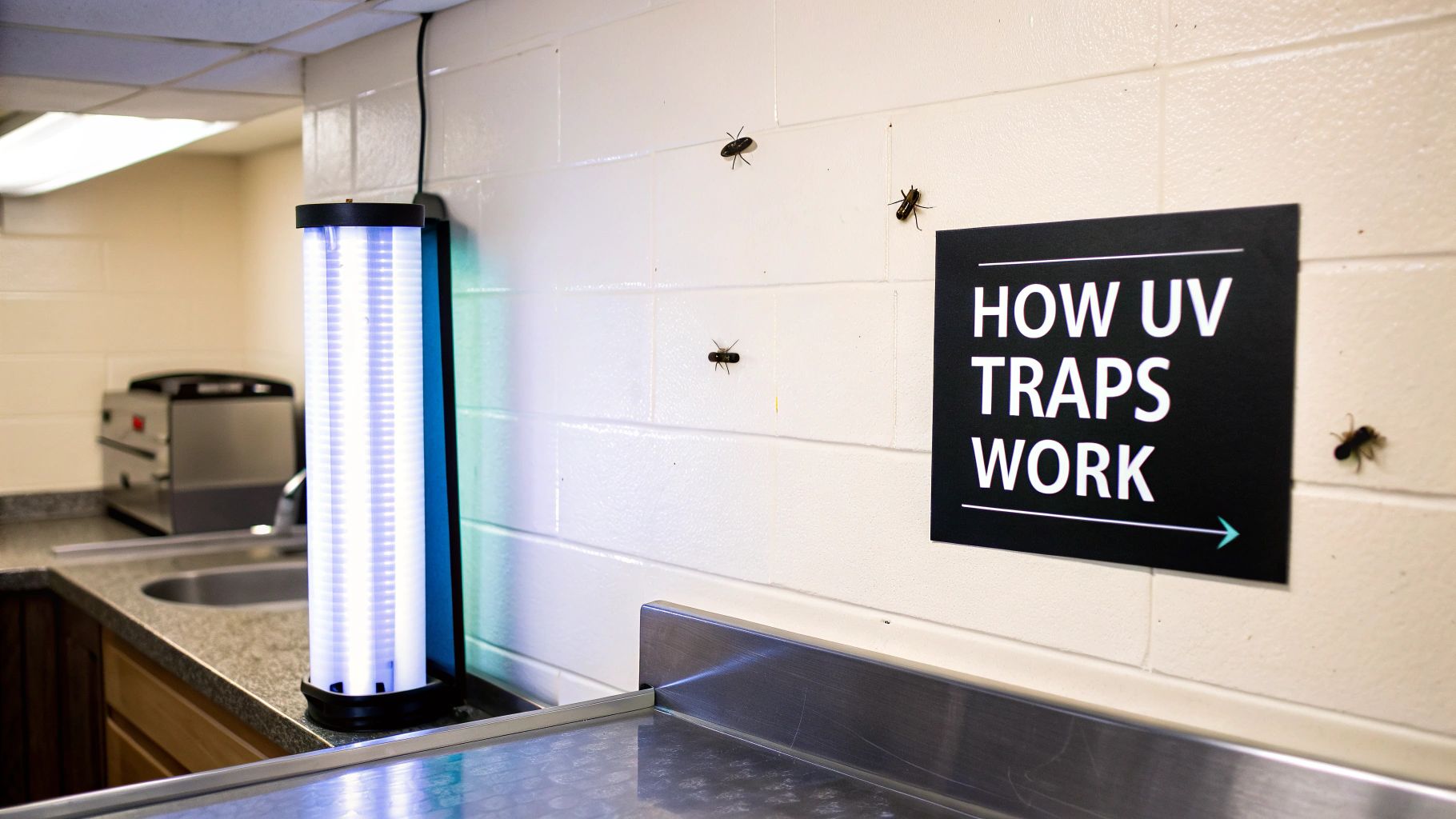 A brightly lit UV light insect trap is placed next to a sign, with several dead insects stuck to a white wall.