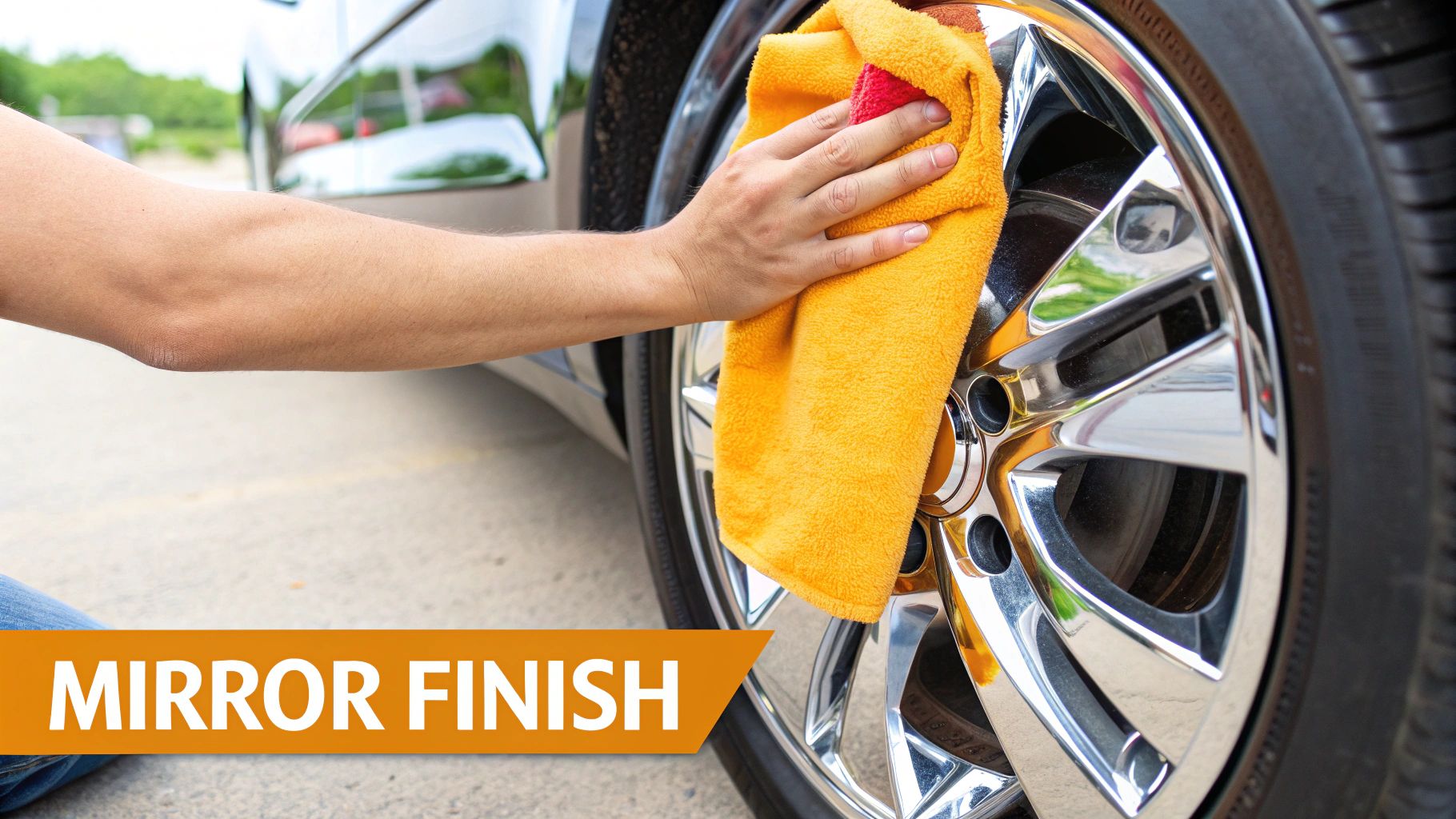 Close-up of a person's hand using an orange microfiber cloth to polish a sparkling chrome car wheel.