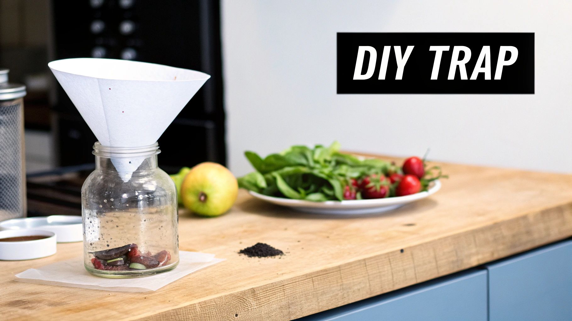A DIY fruit fly trap made with a jar, apple cider vinegar, and a paper funnel.
