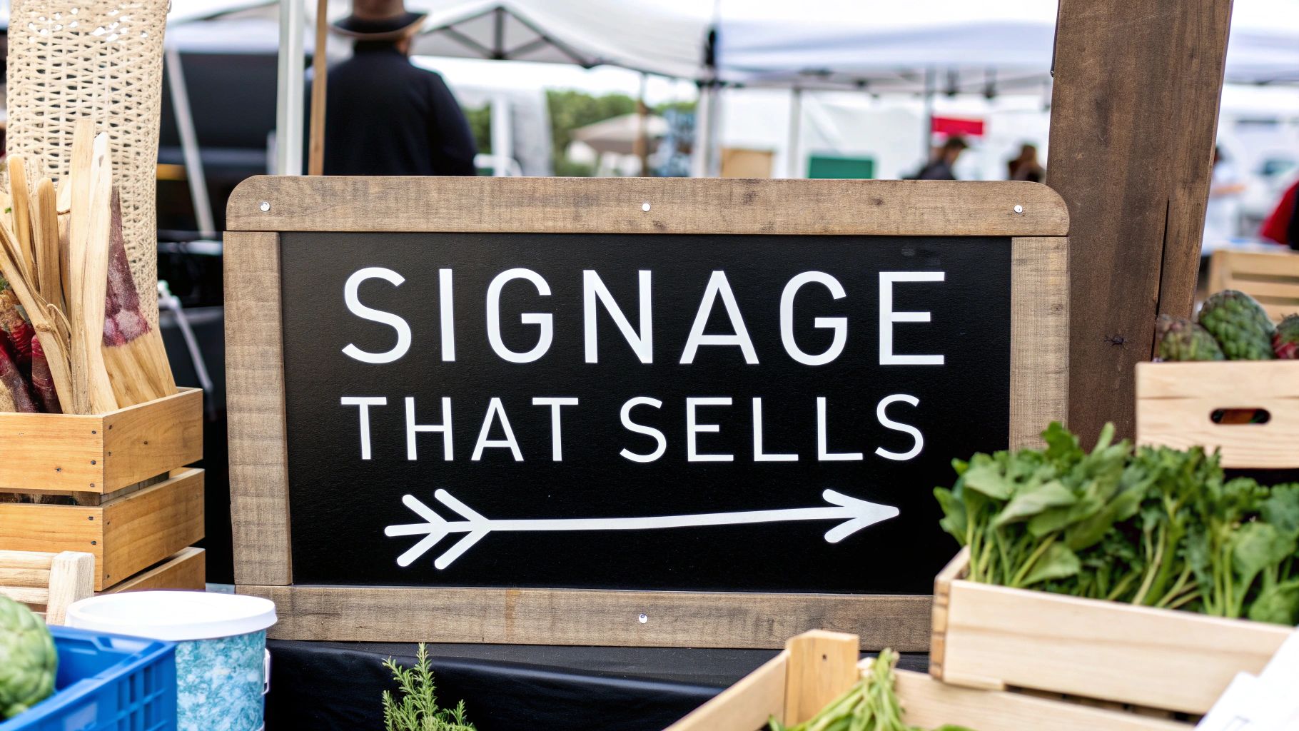 A black chalkboard sign at a farmers market reads 'SIGNAGE THAT SELLS' with a white arrow.