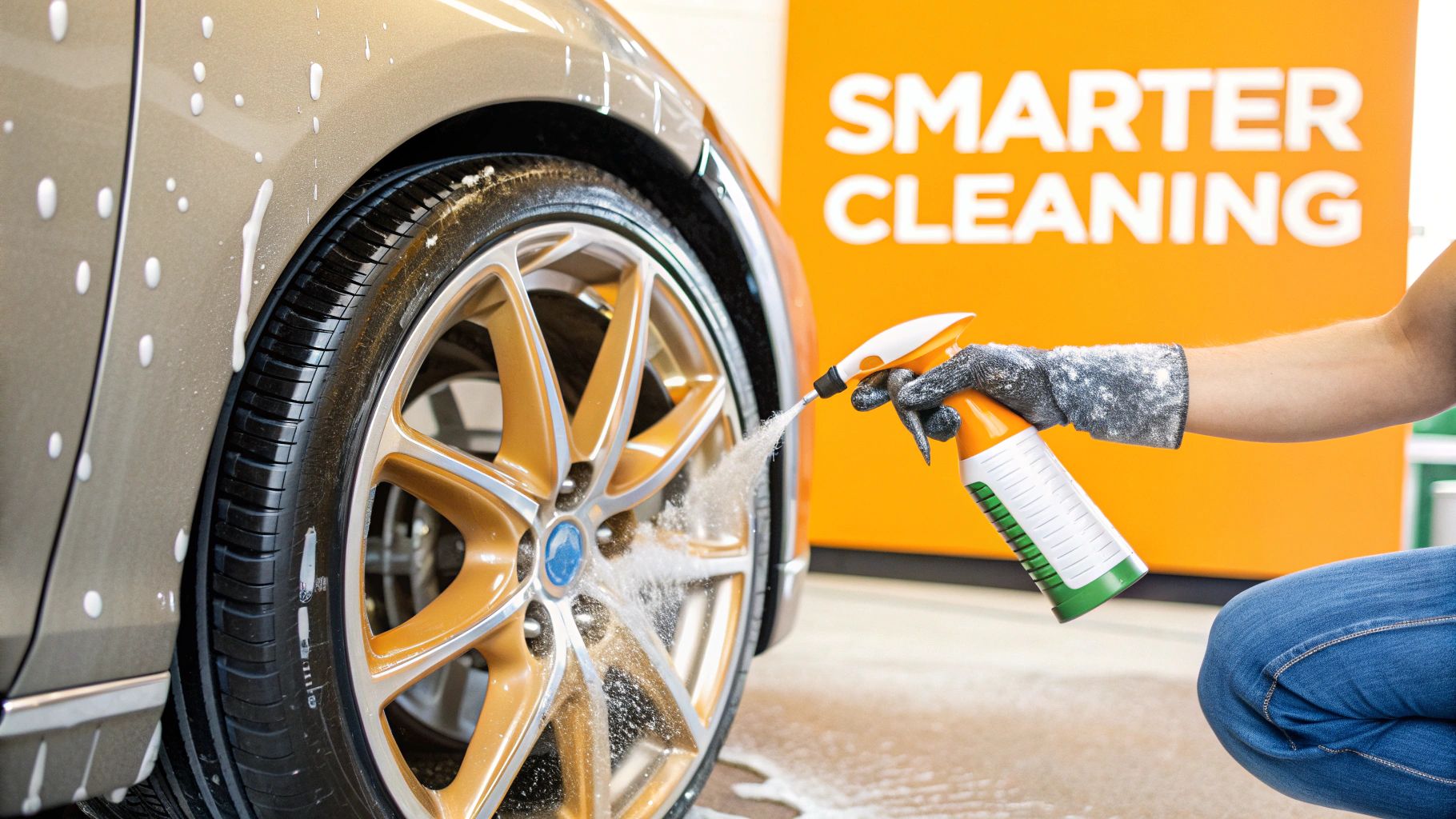 Person cleaning a car wheel with a spray bottle, golden rims, 'SMARTER CLEANING' in background.
