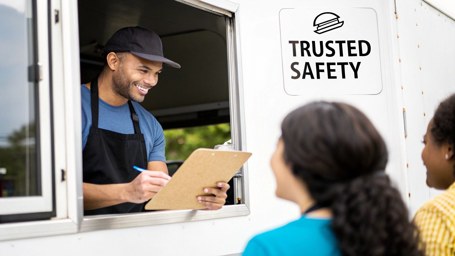 A smiling food truck worker in an apron takes an order from customers, showcasing trusted safety.