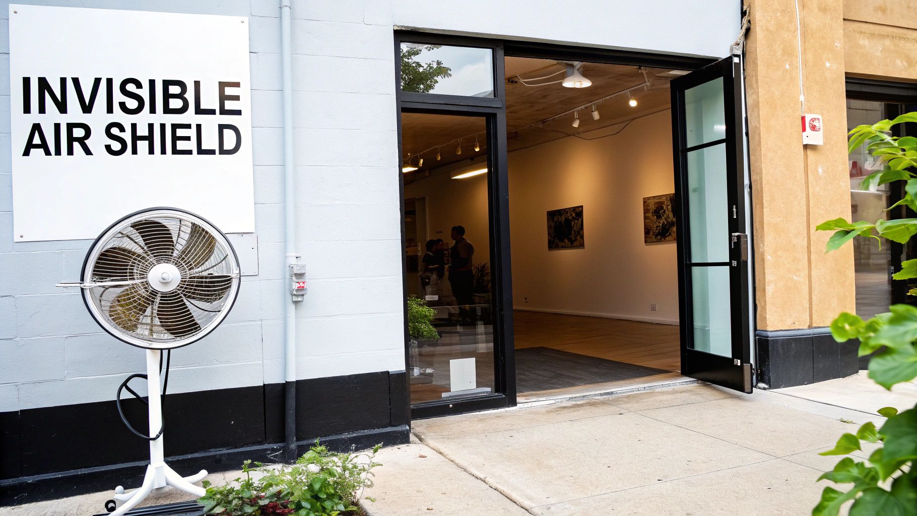 A sleek over door fly fan mounted above a commercial entrance, creating a clean and modern look.