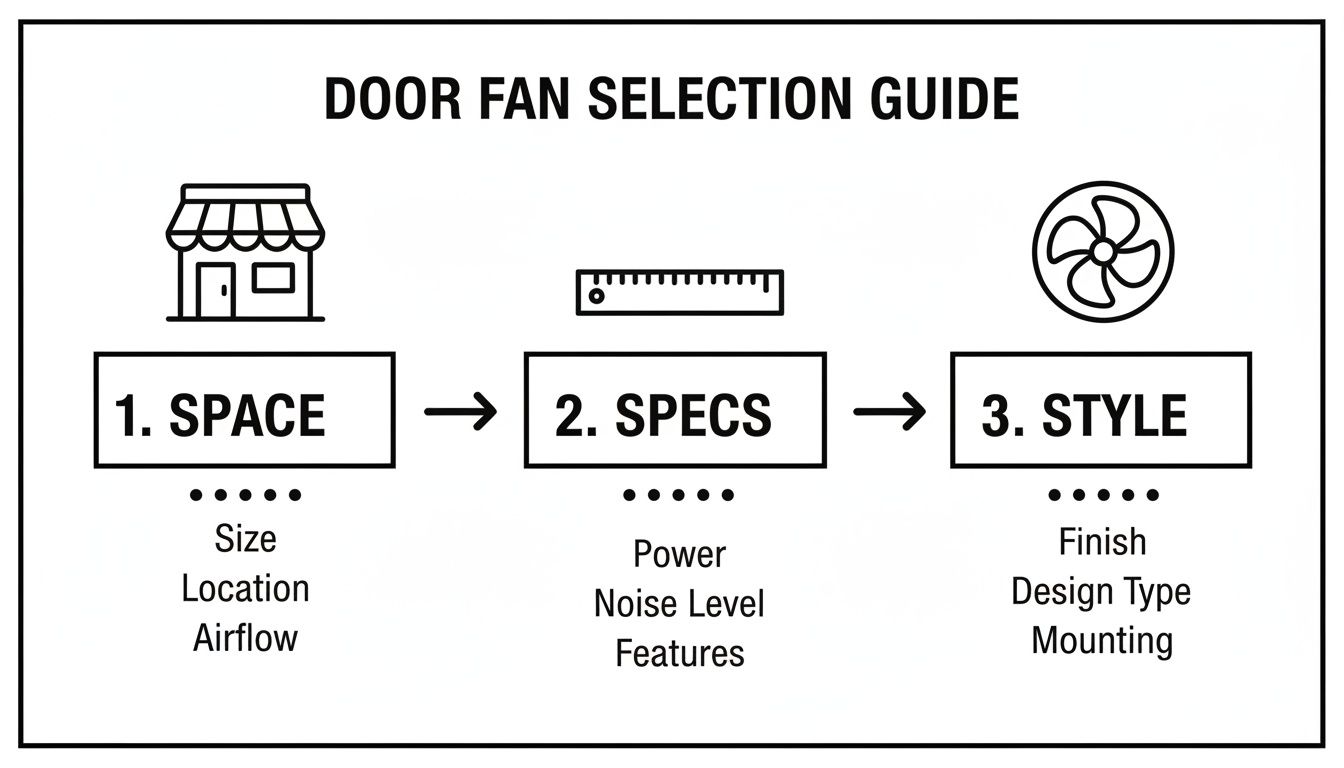 Door Fan Selection Guide infographic outlines steps for choosing a fan based on space, specs, and style.