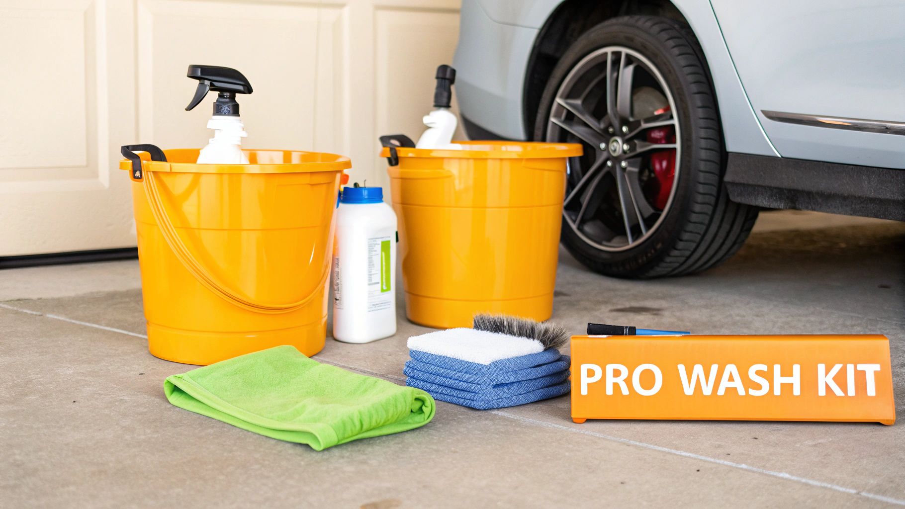 A professional car wash kit featuring buckets, towels, and spray bottles in a garage setting.