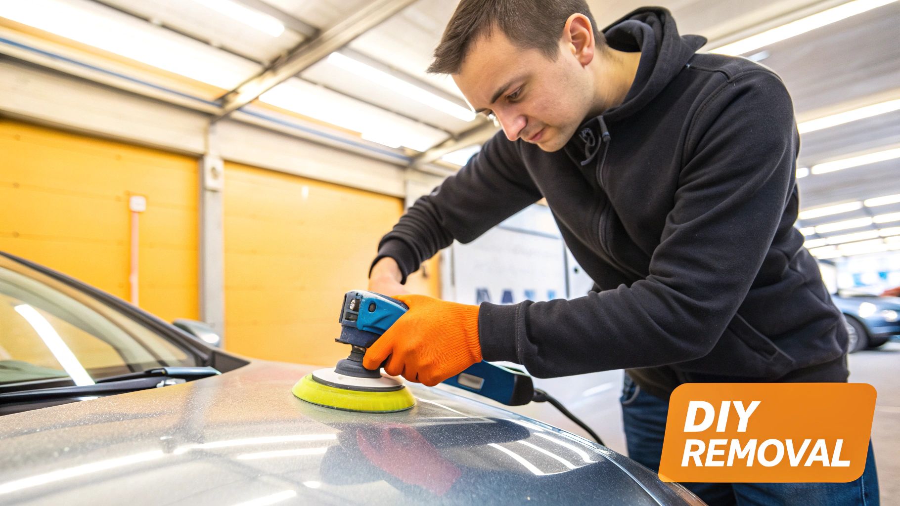 A person carefully applying masking tape along the edge of a car's black plastic trim before polishing.