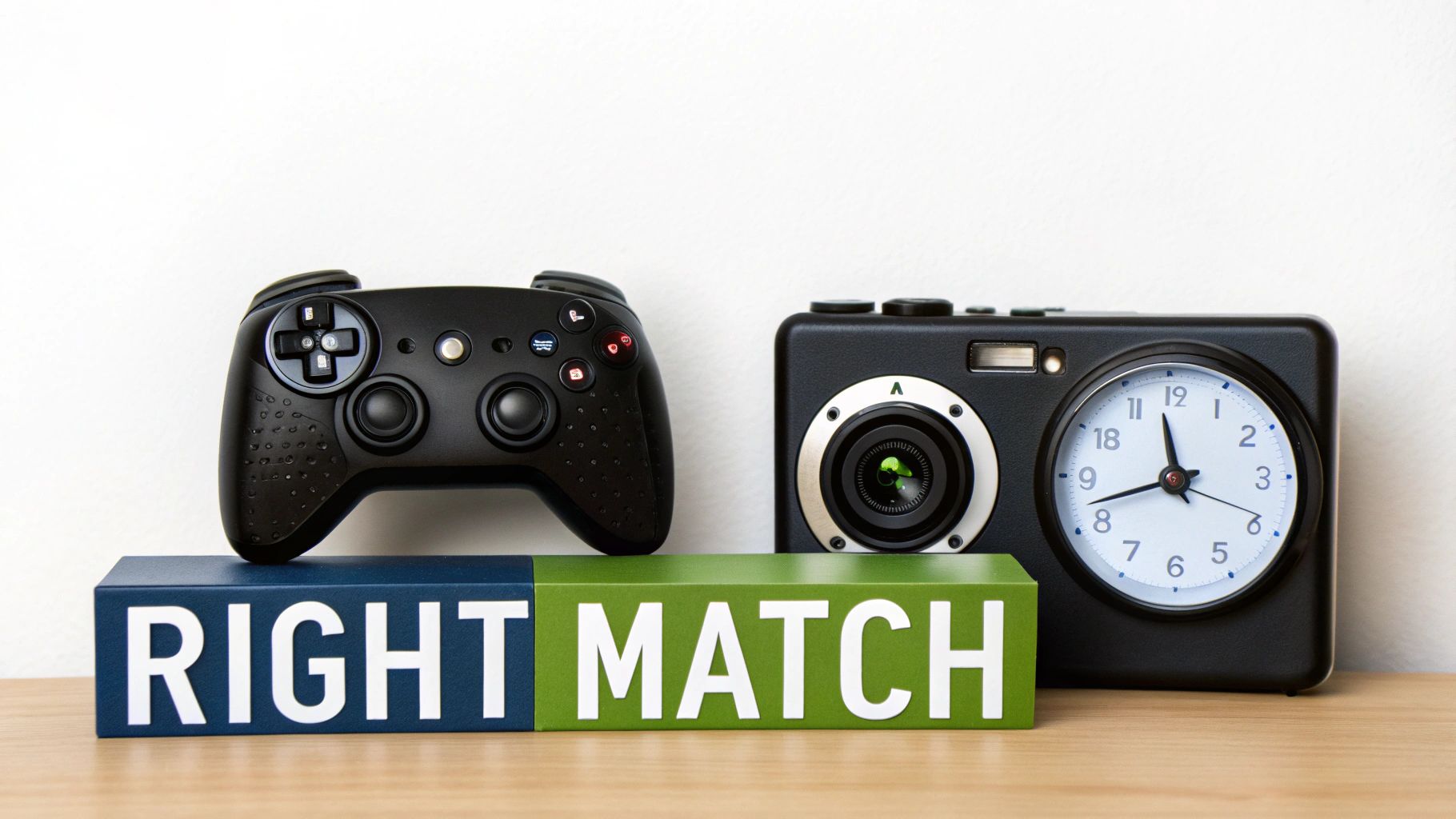 A black game controller and a camera-shaped clock sit on 'RIGHT MATCH' blocks on a wooden table.