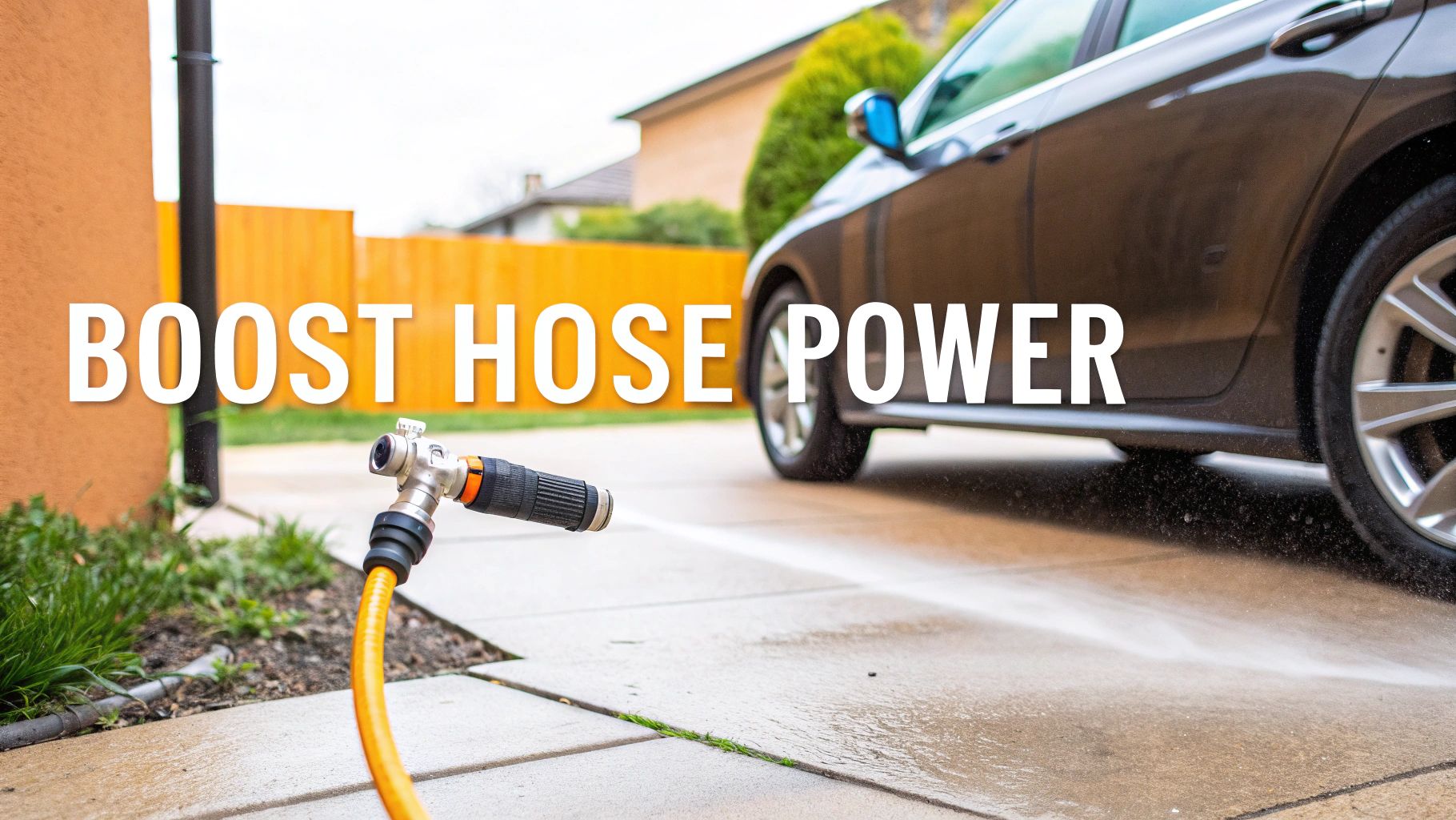 A person using a high-pressure nozzle on a garden hose to wash a car
