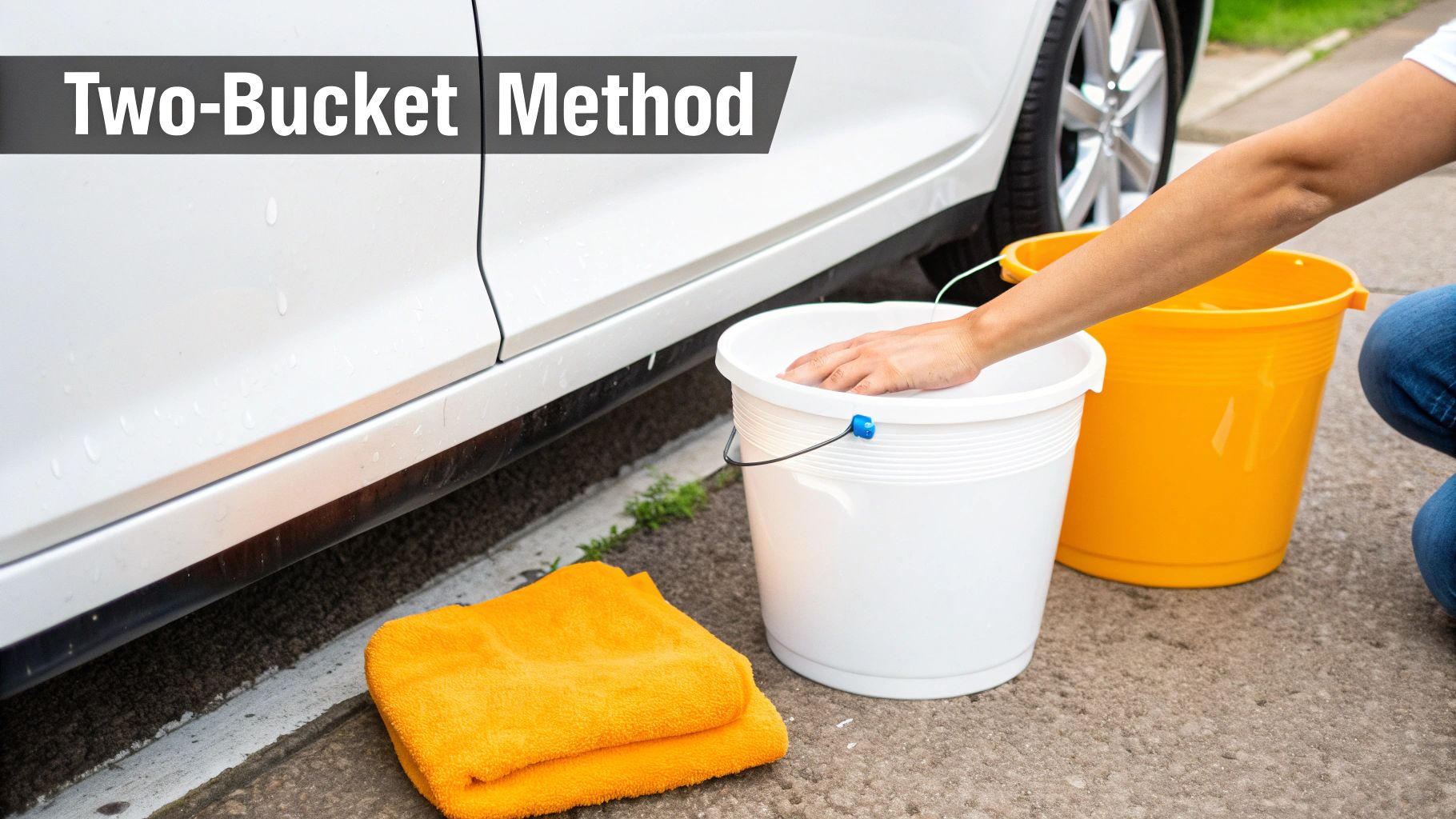 A person's hand is in a white bucket, demonstrating the two-bucket car washing method.