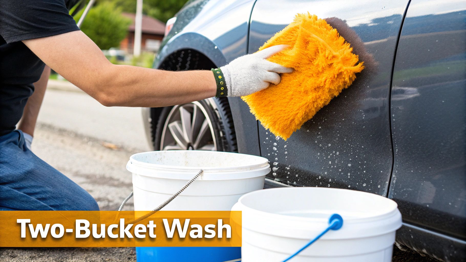 A detailer carefully drying a dark grey car with a large, plush microfiber towel