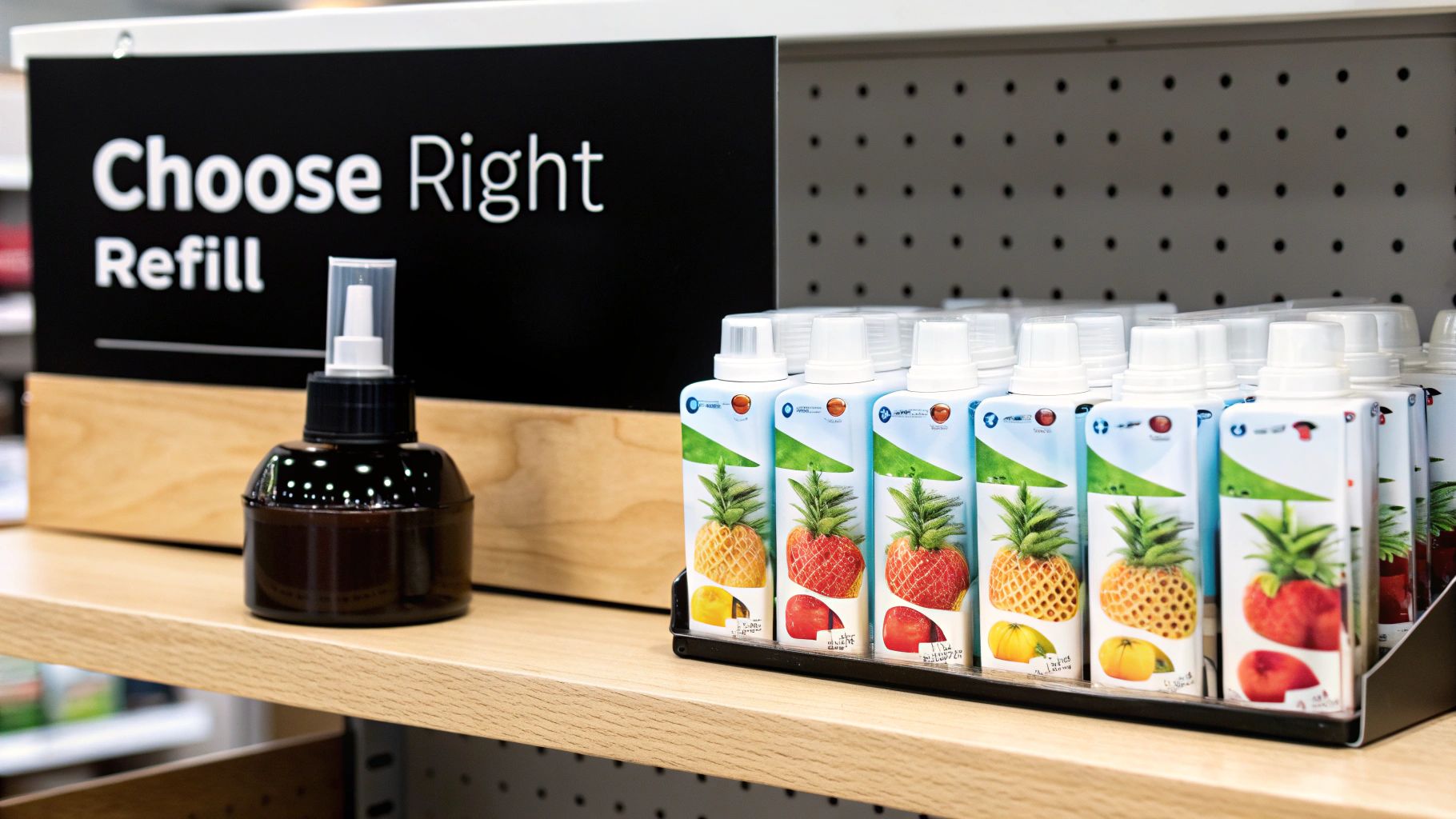 A store display featuring a 'Choose Right Refill' sign, a dark bottle, and a fruit-scented refill container.