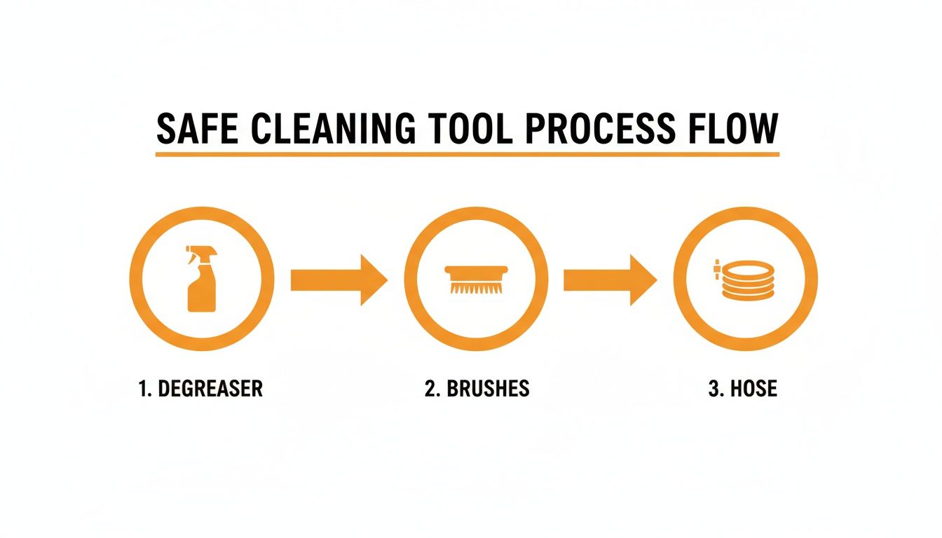 A visual process flow for safe cleaning tools, detailing steps with degreaser, brushes, and a hose.
