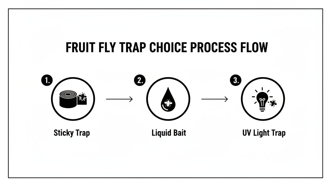 A process flow diagram illustrating three fruit fly trap choices: sticky trap, liquid bait, and UV light trap.